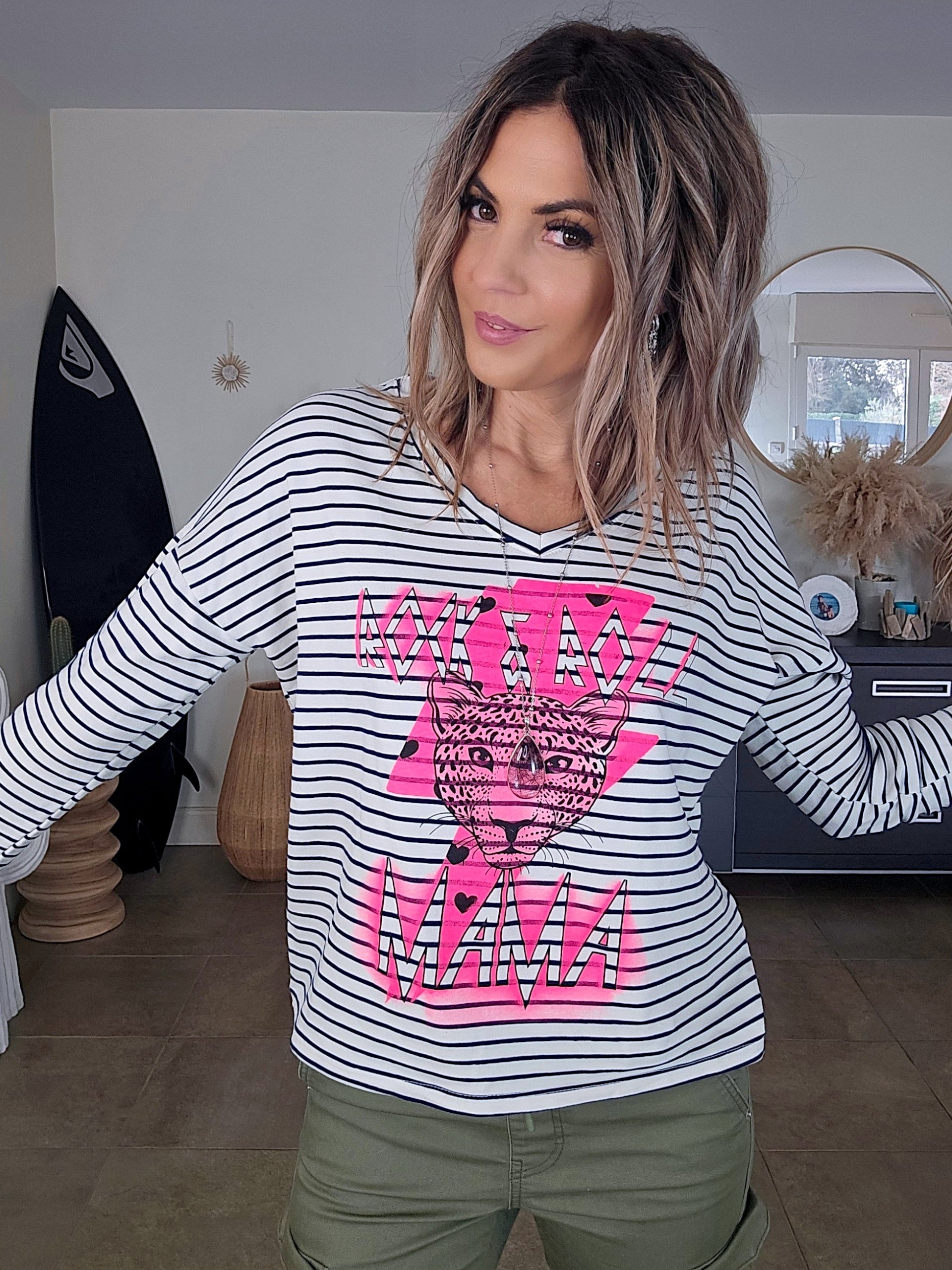 T- shirt marinière Mama rose fluo - 𝐌𝐚𝐫𝐢𝐧𝐚𝟒𝟒𝐟𝐚𝐦𝐢𝐥𝐲