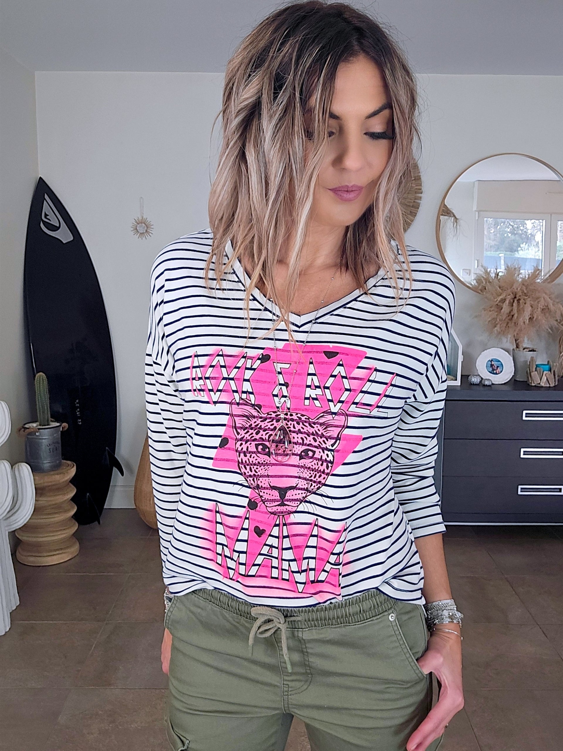 T- shirt marinière Mama rose fluo - 𝐌𝐚𝐫𝐢𝐧𝐚𝟒𝟒𝐟𝐚𝐦𝐢𝐥𝐲