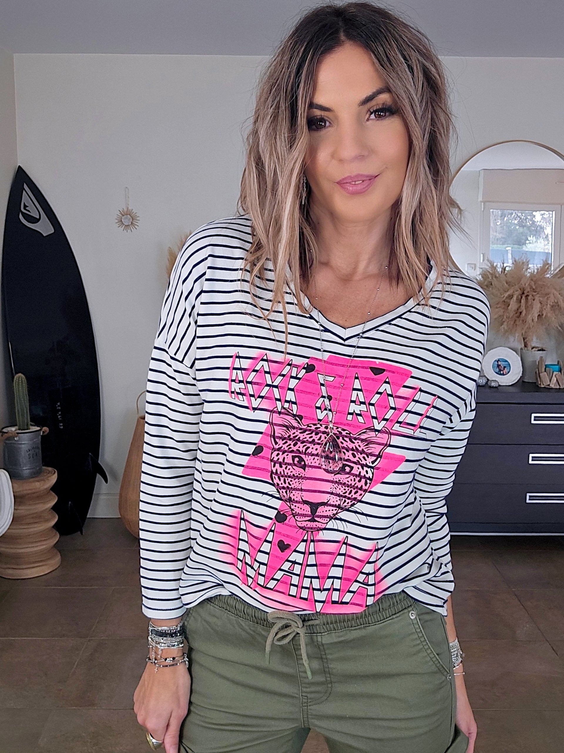 T- shirt marinière Mama rose fluo - 𝐌𝐚𝐫𝐢𝐧𝐚𝟒𝟒𝐟𝐚𝐦𝐢𝐥𝐲