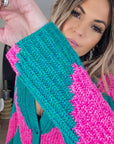 Cardigan à imprimé géométrique rose fuchsia et vert. - 𝐌𝐚𝐫𝐢𝐧𝐚𝟒𝟒𝐟𝐚𝐦𝐢𝐥𝐲