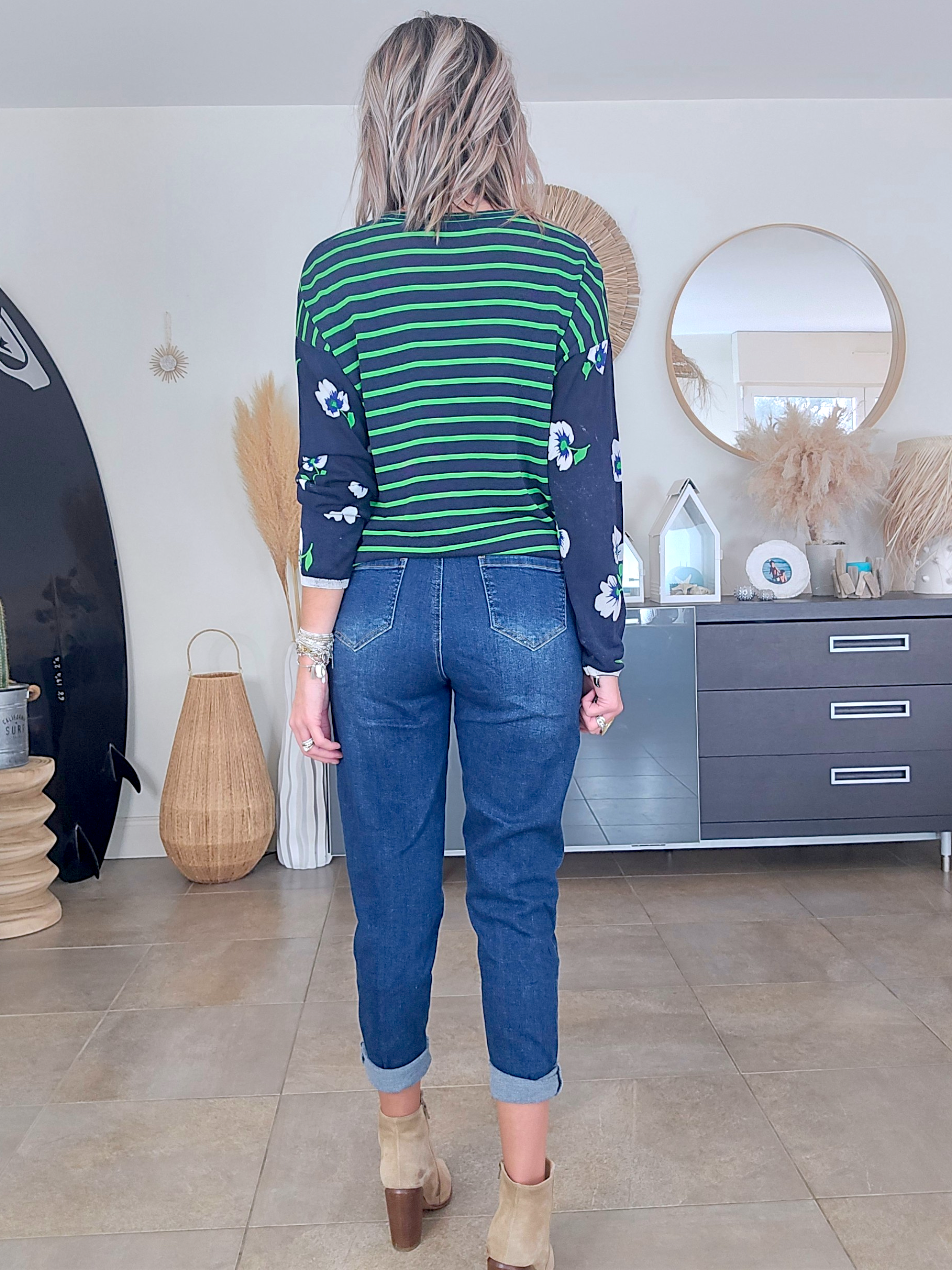 Cardigan bleu marine délavé à imprimé vert fluo - 𝐌𝐚𝐫𝐢𝐧𝐚𝟒𝟒𝐟𝐚𝐦𝐢𝐥𝐲