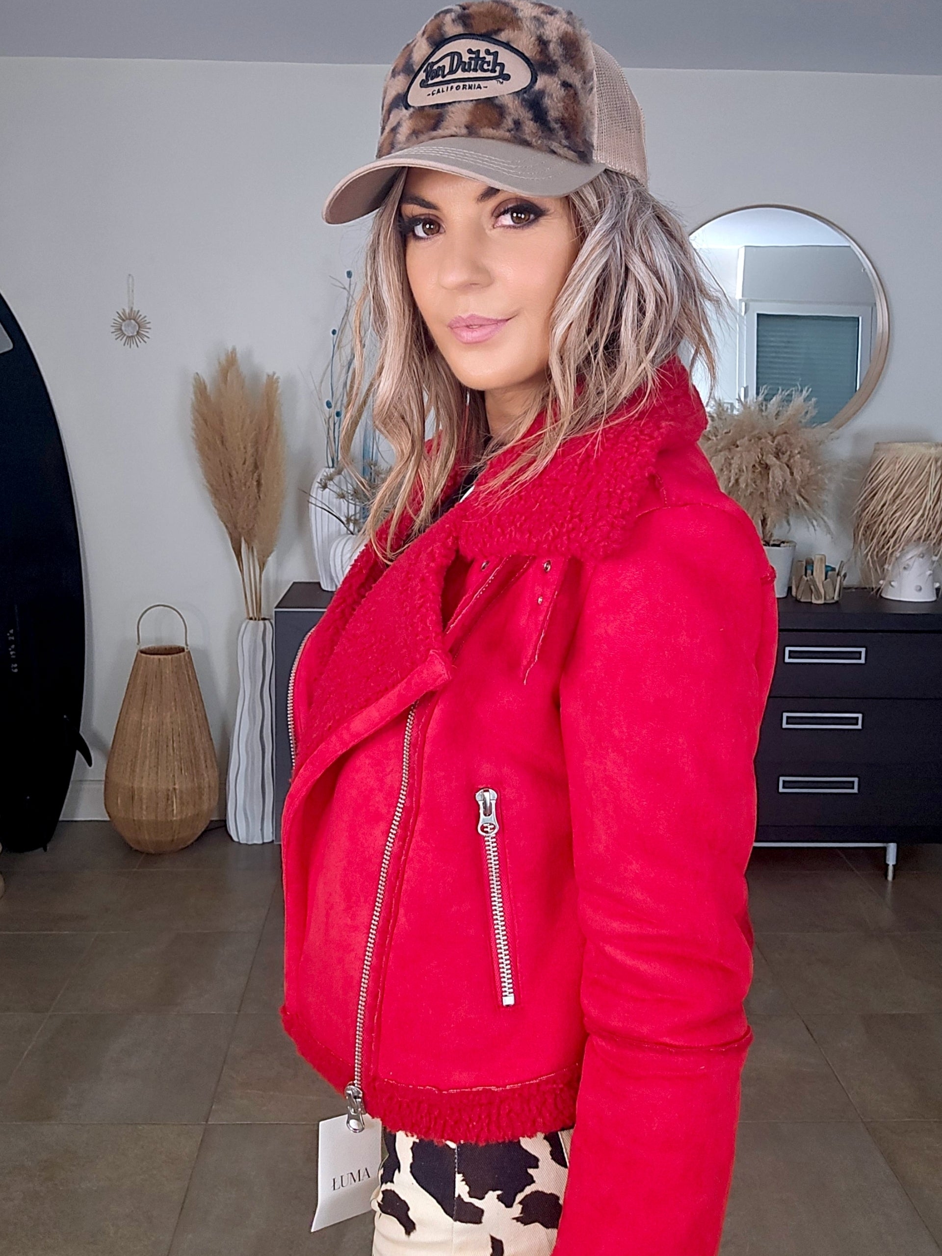 Perfecto rouge fausse fourrure