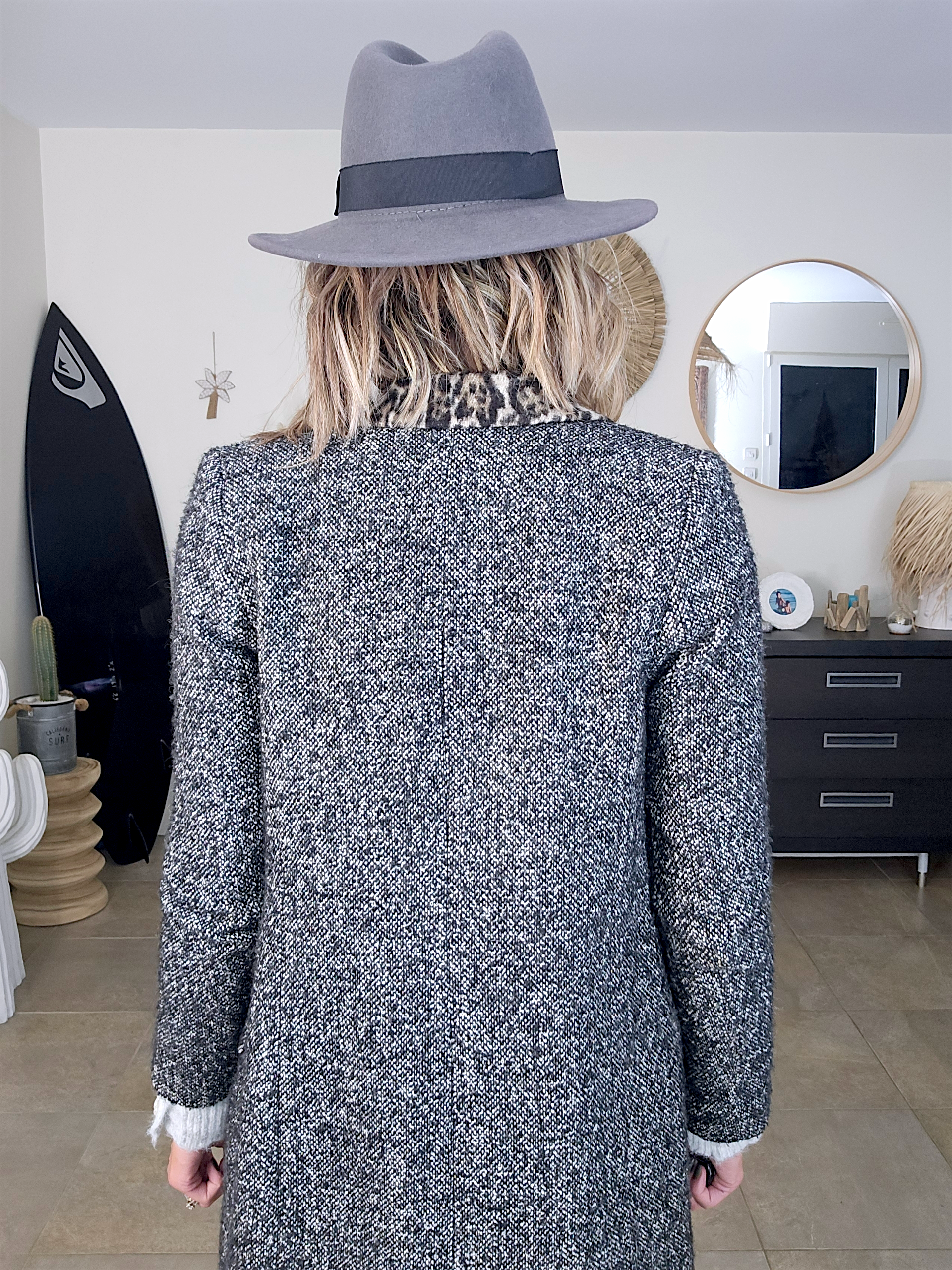 Manteau tweed col léopard