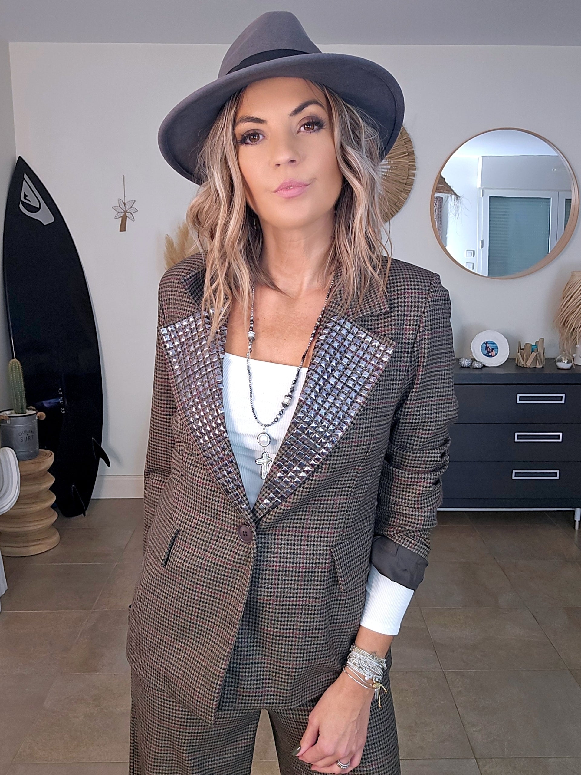 Veste marron à imprimé pied-de-poule.