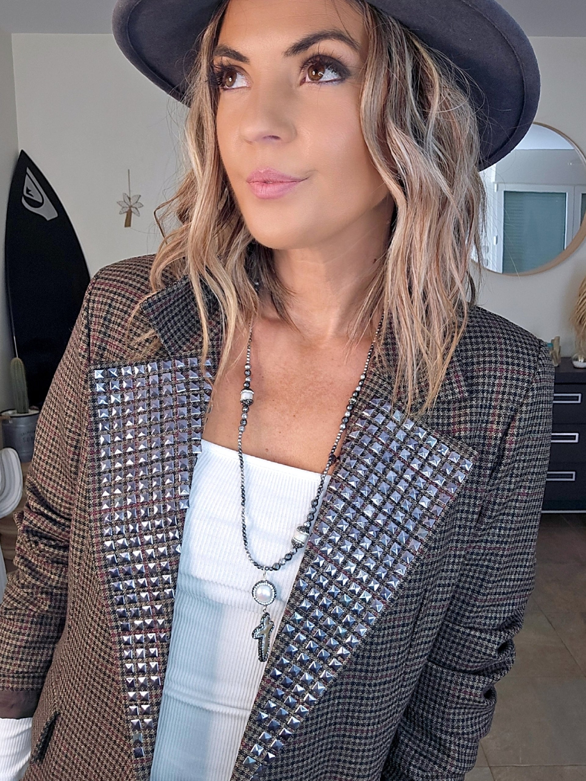 Veste marron à imprimé pied-de-poule.