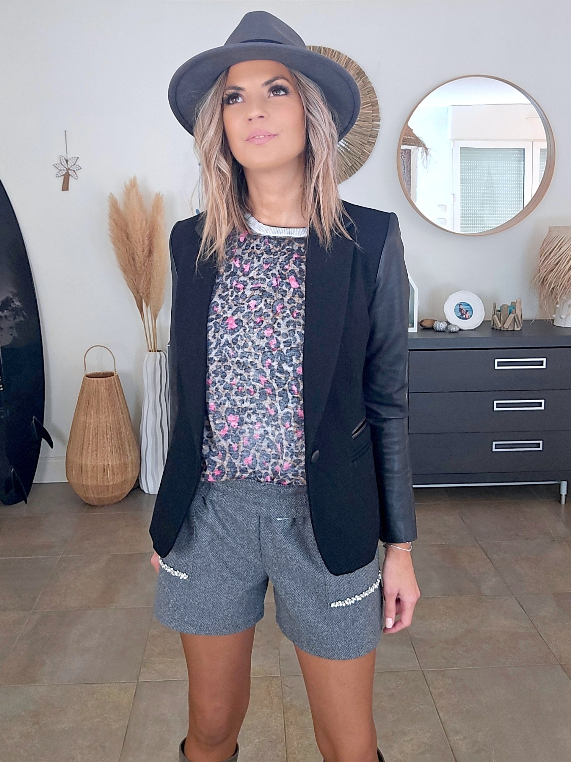 Veste noire bi-matière laine et cuir