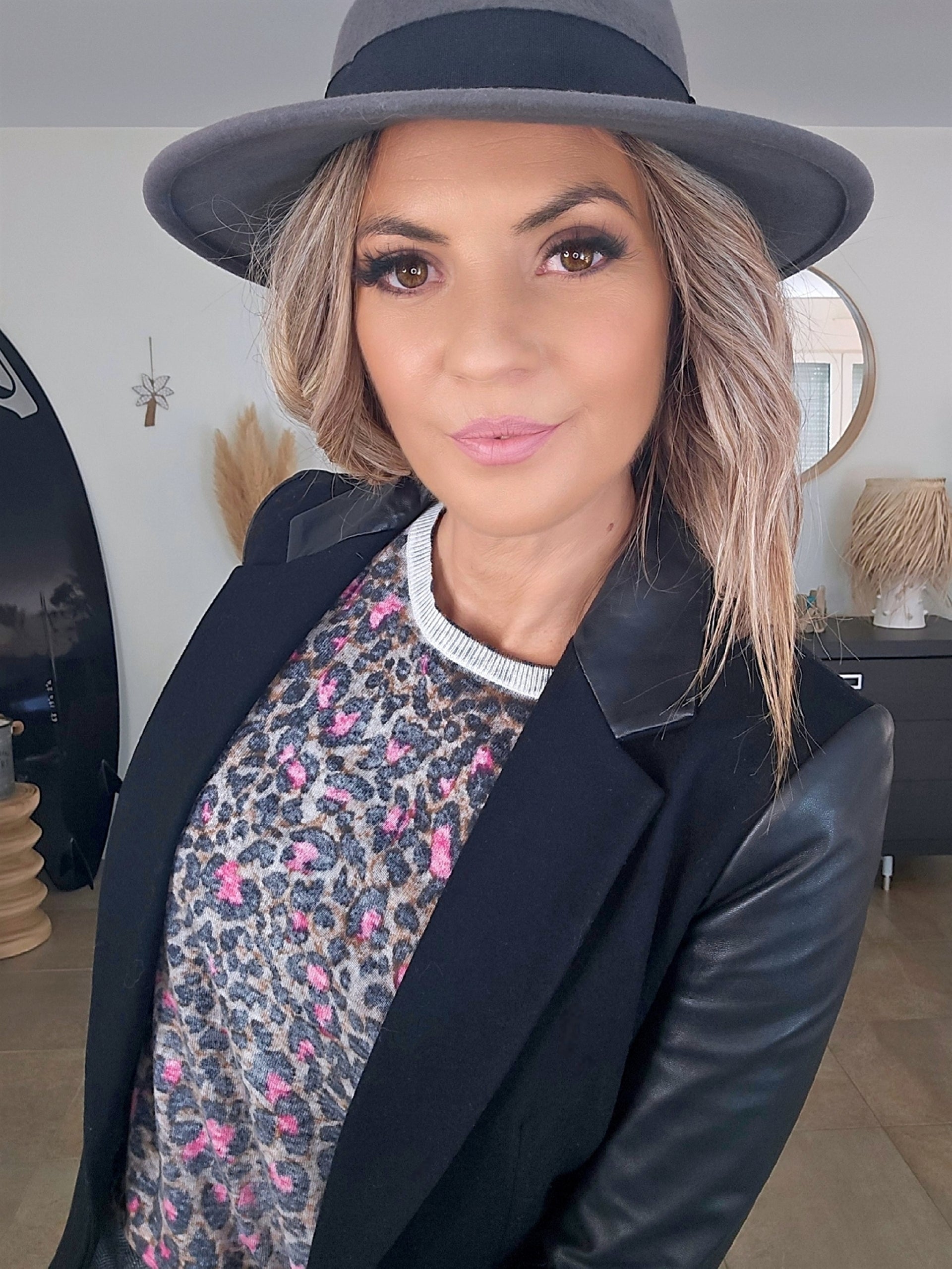 Veste noire bi-matière laine et cuir