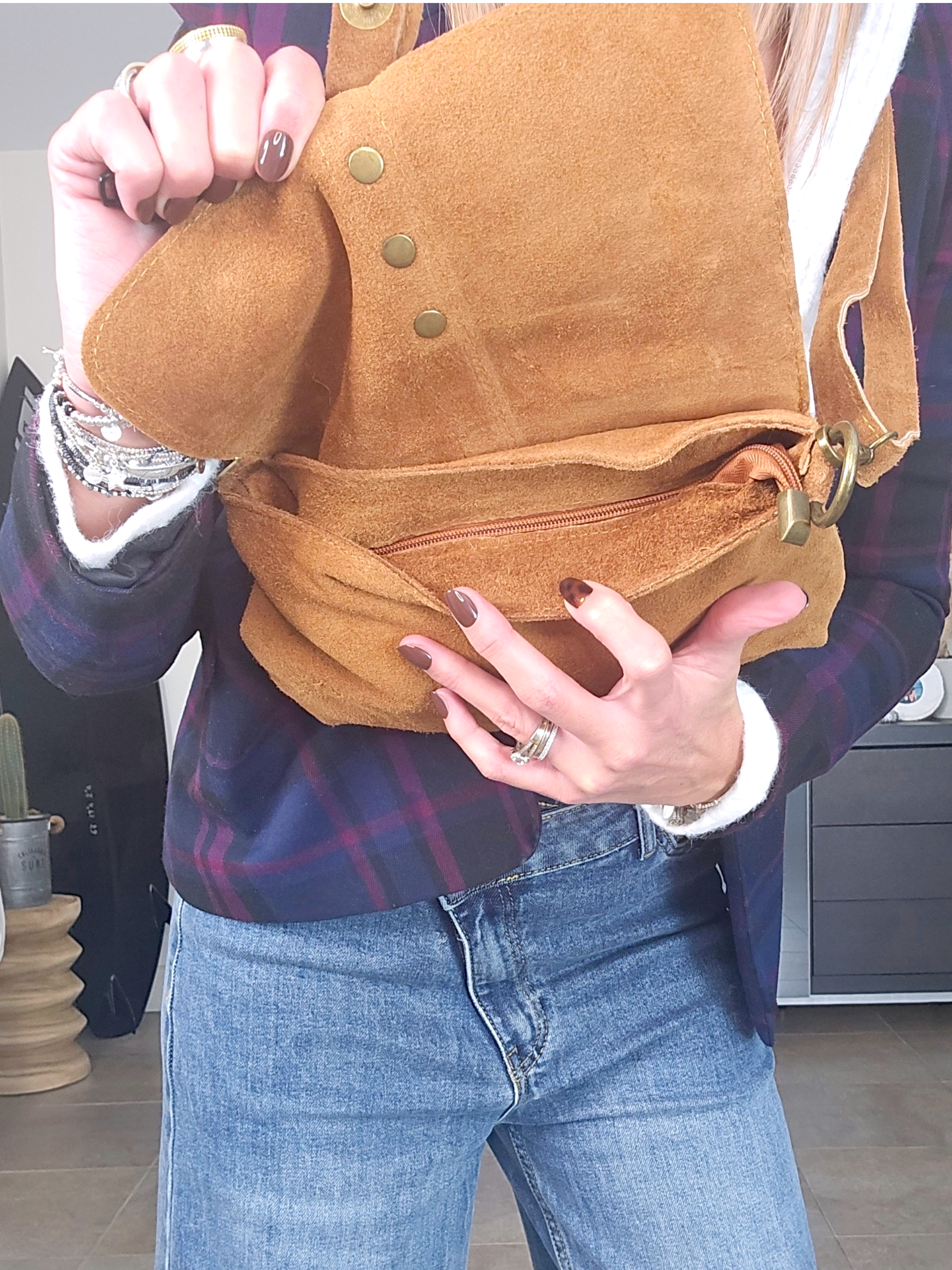 Sac camel avec imprimé léopard 100% cuir de chèvre