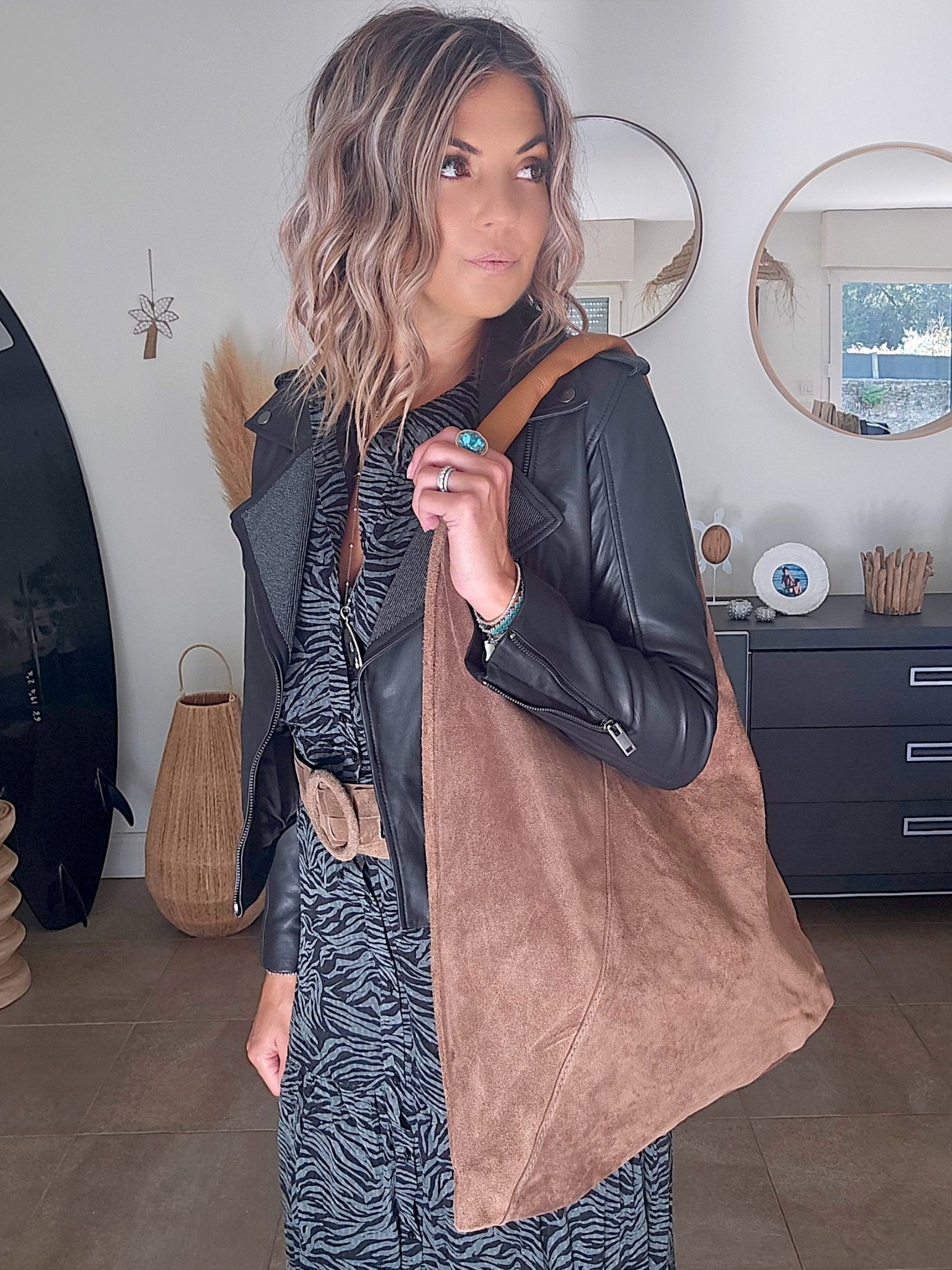 Sac à épaule XL 100% cuir taupe