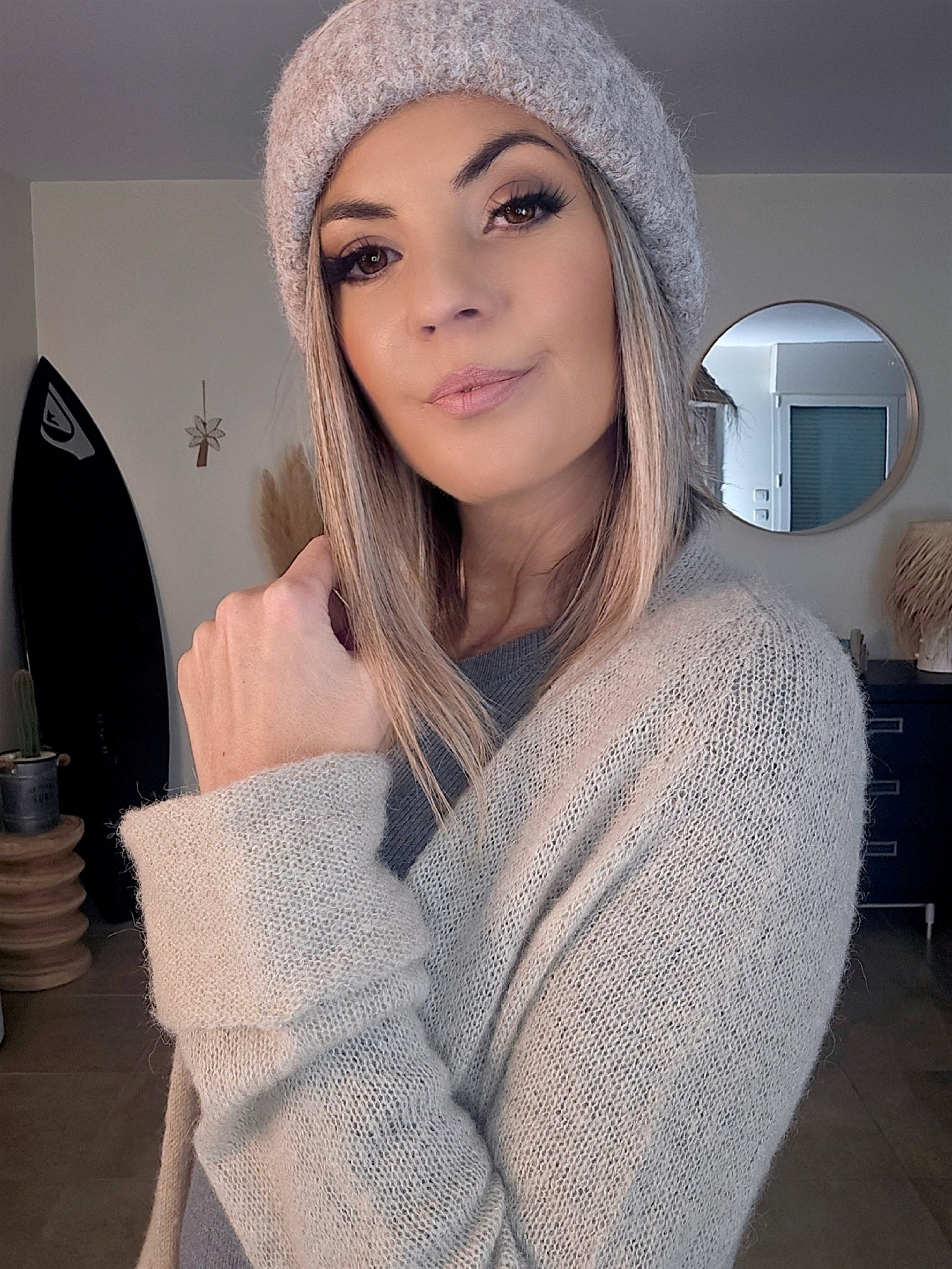 Gilet long beige à maille douce