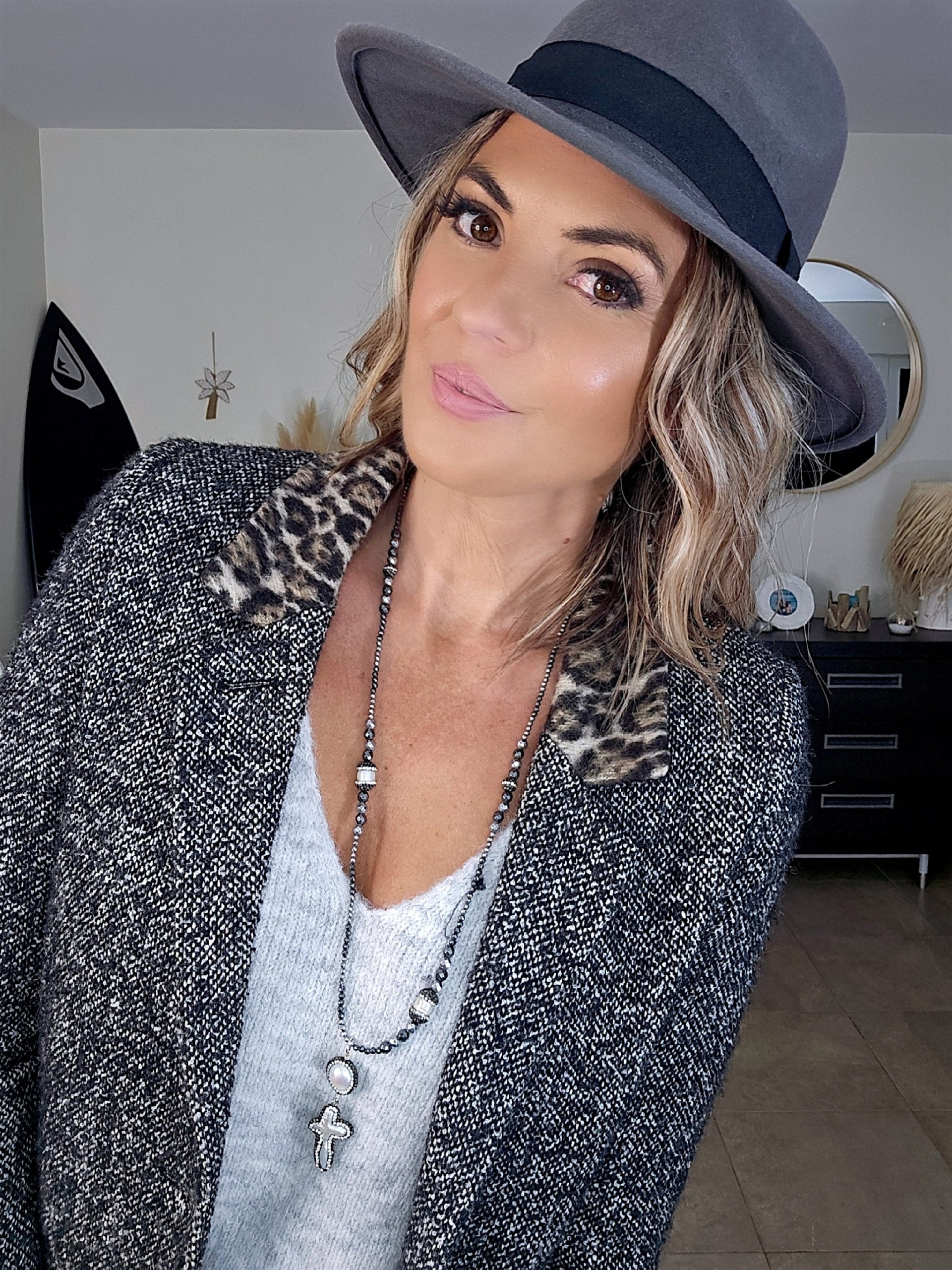 Manteau tweed col léopard