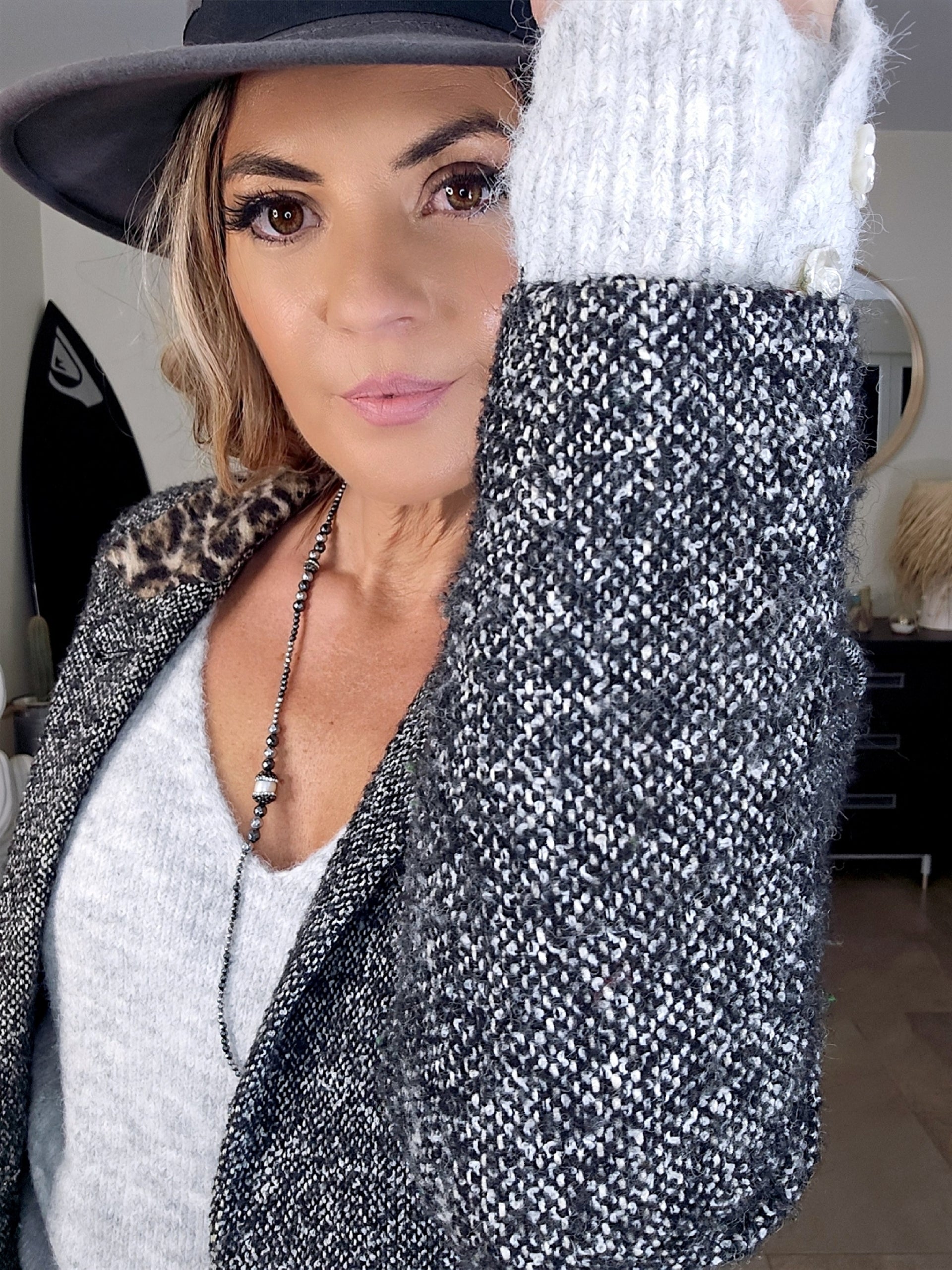 Manteau tweed col léopard