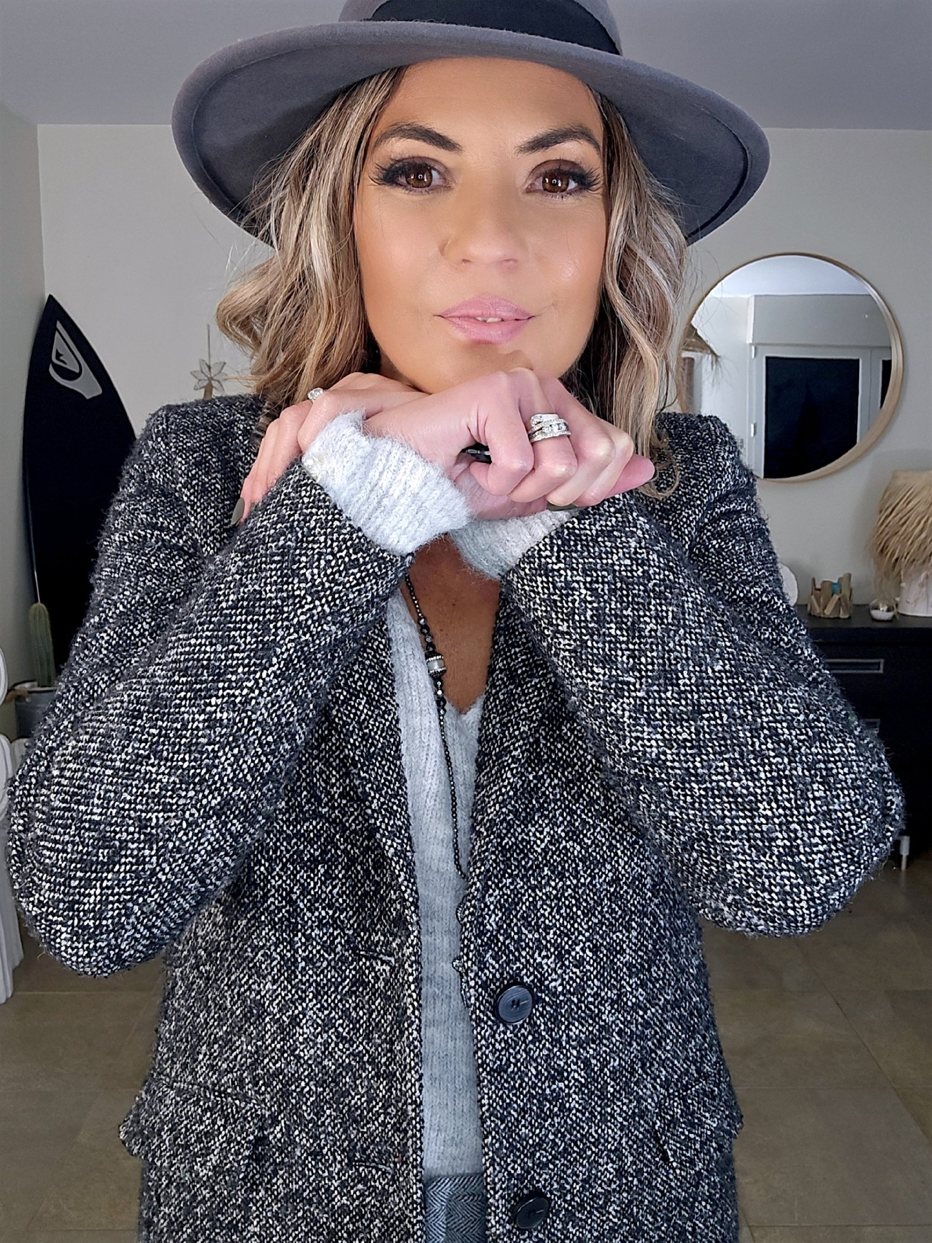 Manteau tweed col léopard