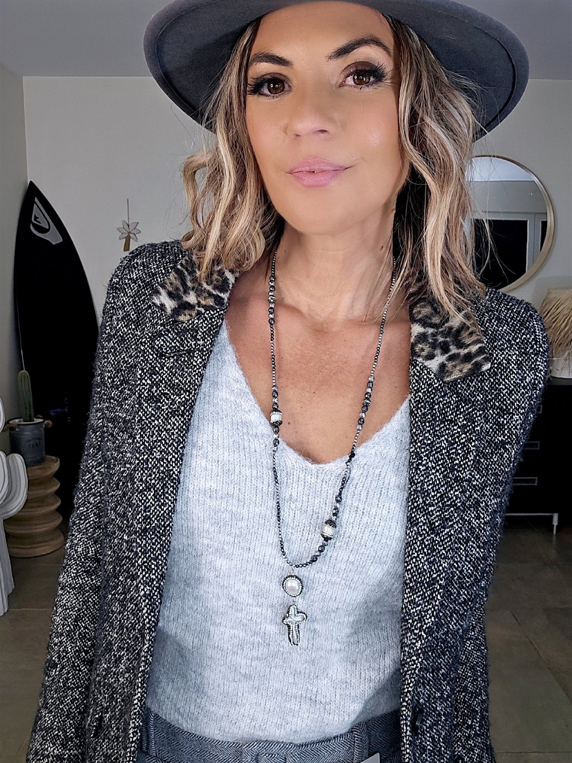 Manteau tweed col léopard