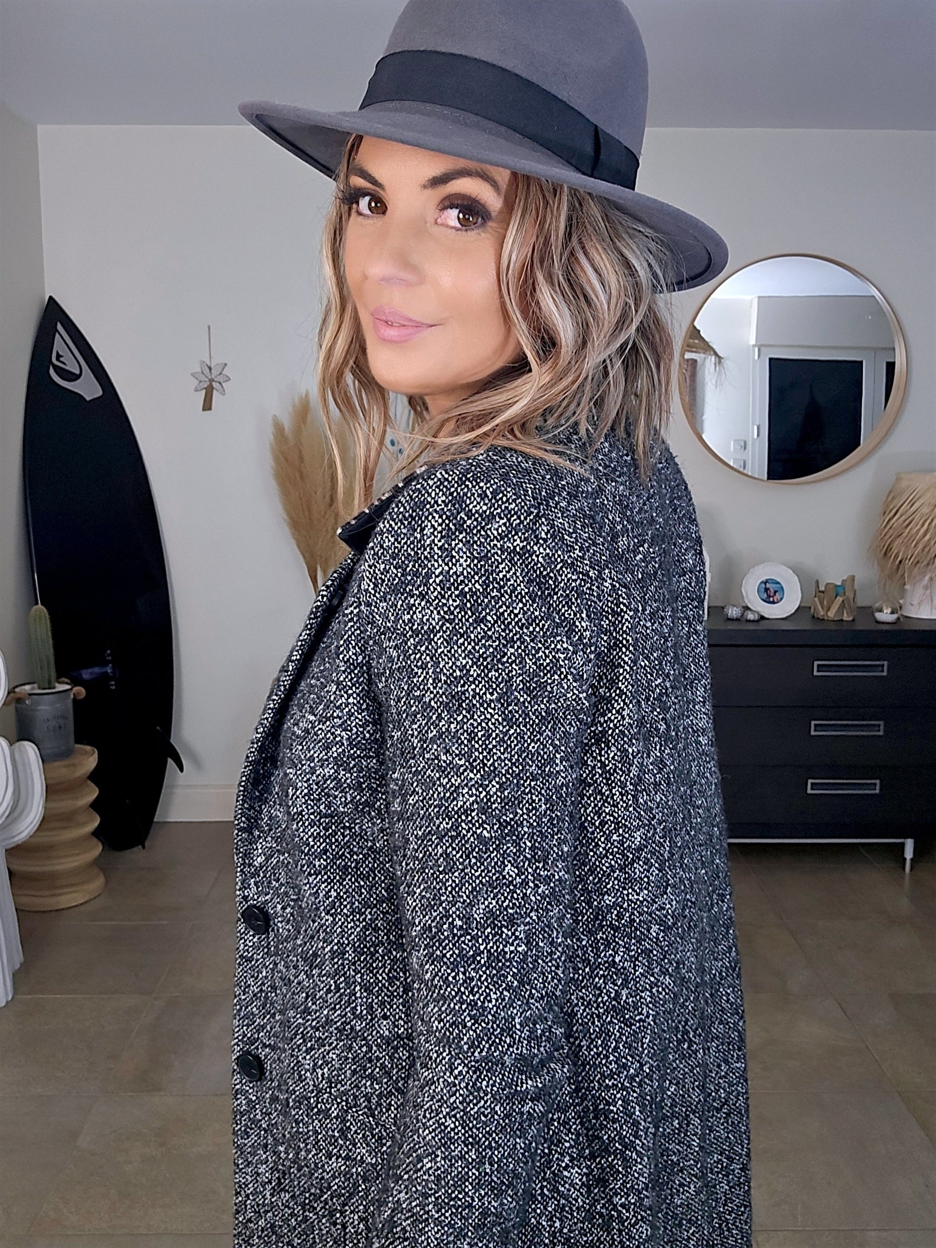 Manteau tweed col léopard