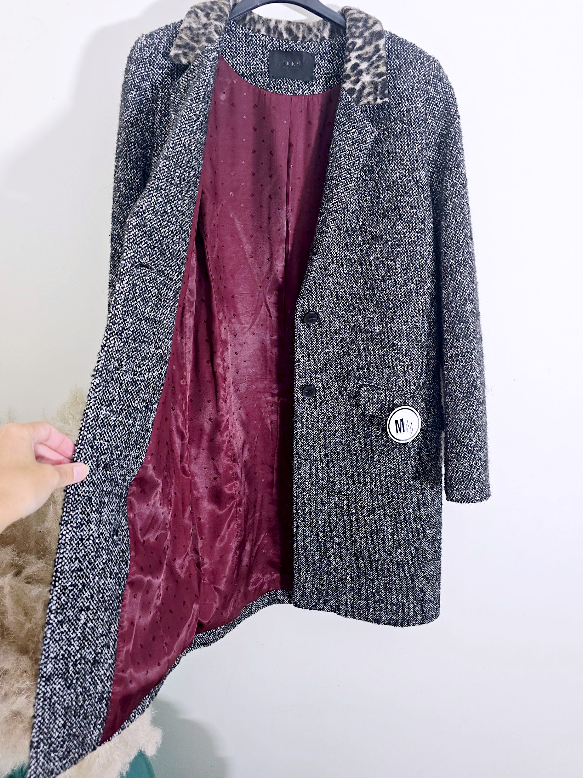 Manteau tweed col léopard