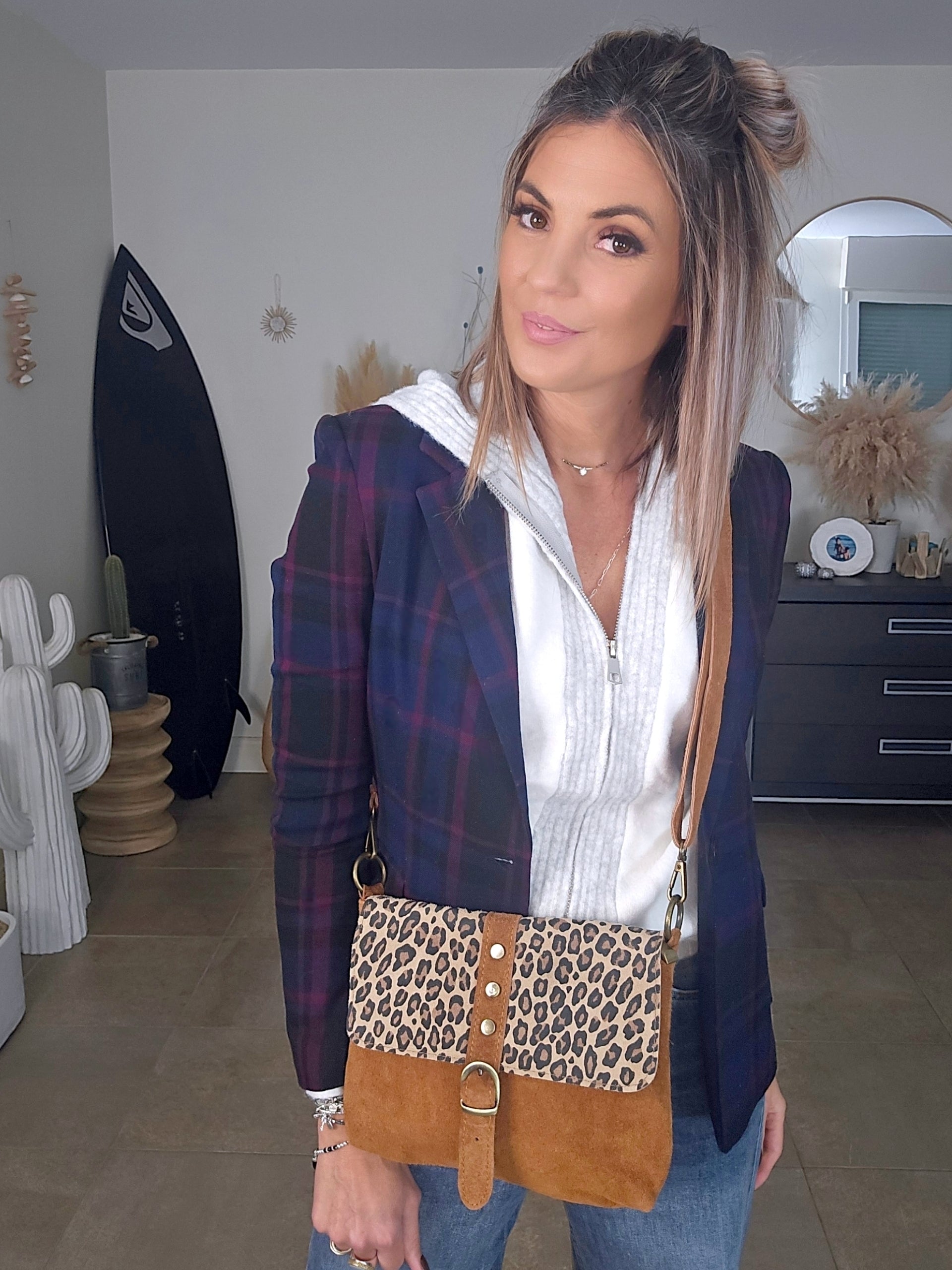 Sac camel avec imprimé léopard 100% cuir de chèvre