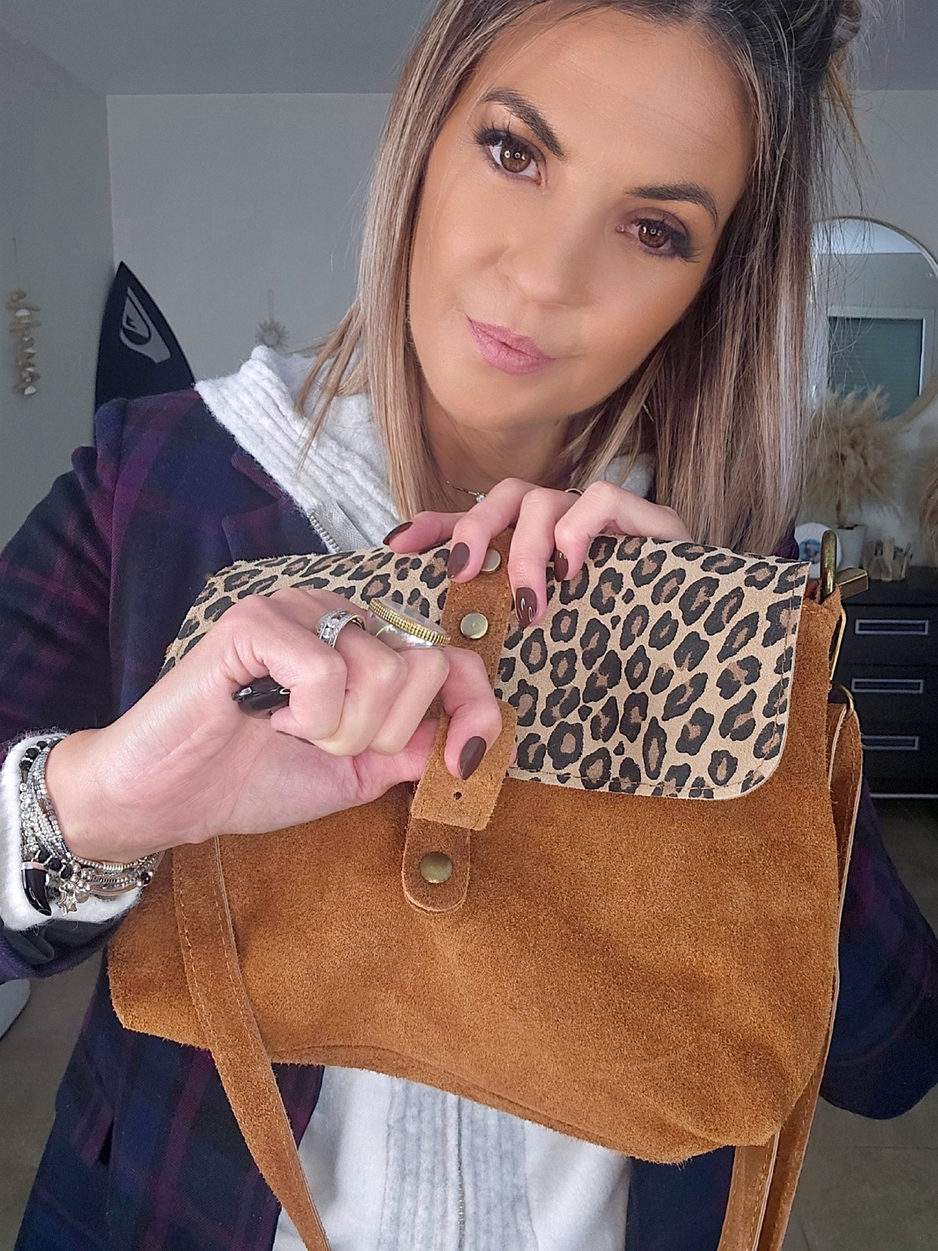 Sac camel avec imprimé léopard 100% cuir de chèvre