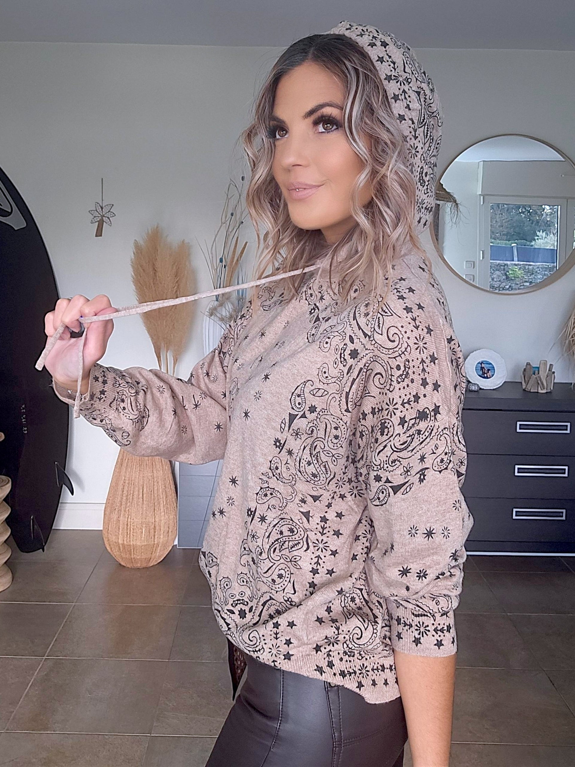 Pull capuche beige marron