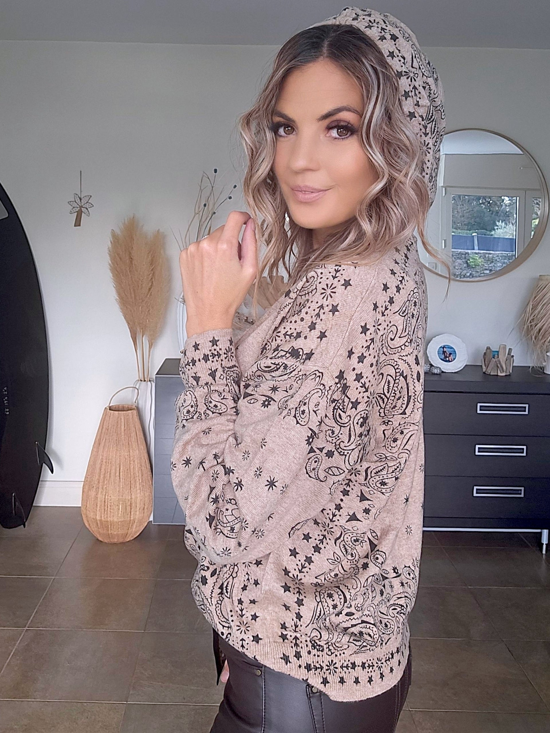 Pull capuche beige marron