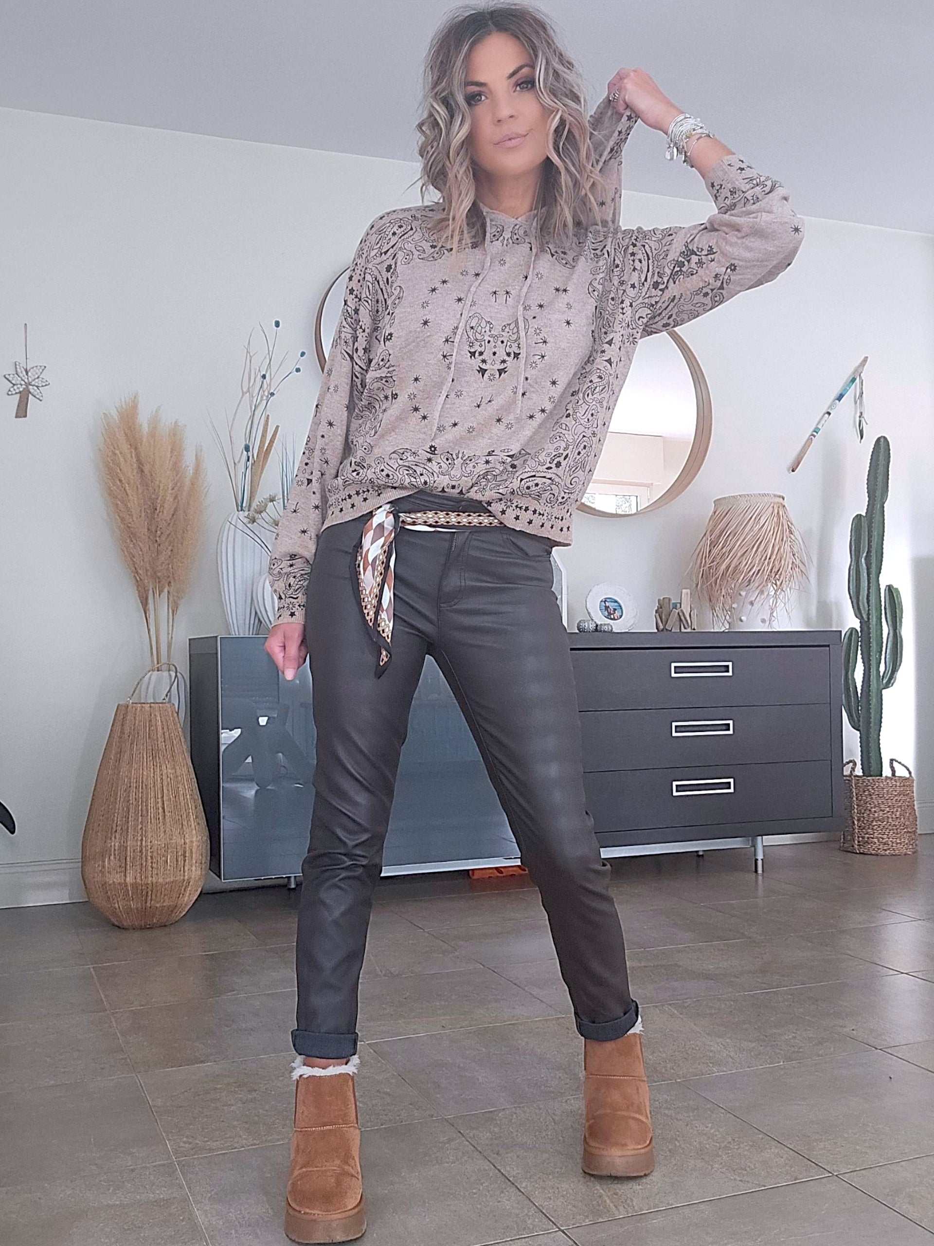 Pull capuche beige marron
