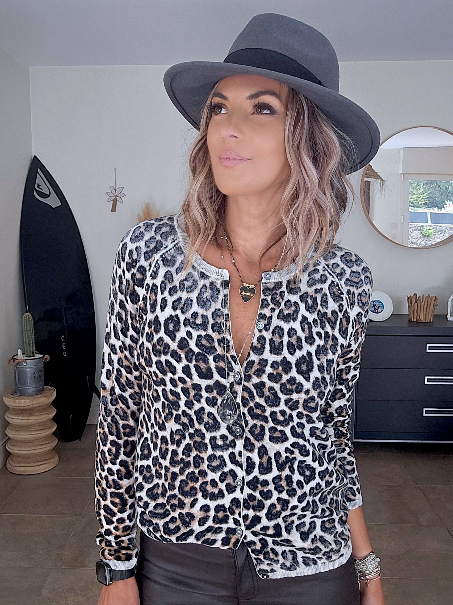 Cardigan smiley léopard