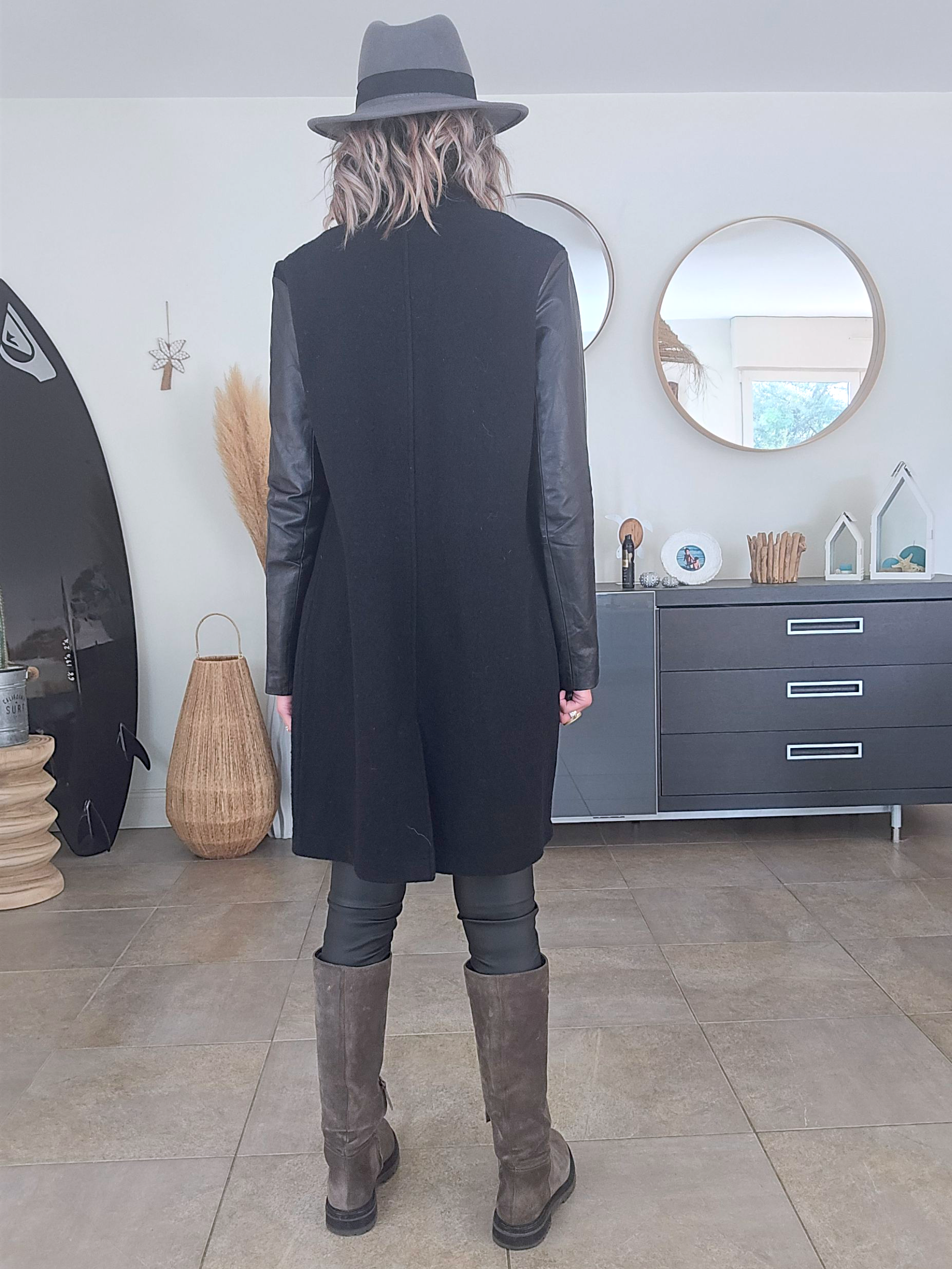 Manteau bouclette &amp; cuir noir