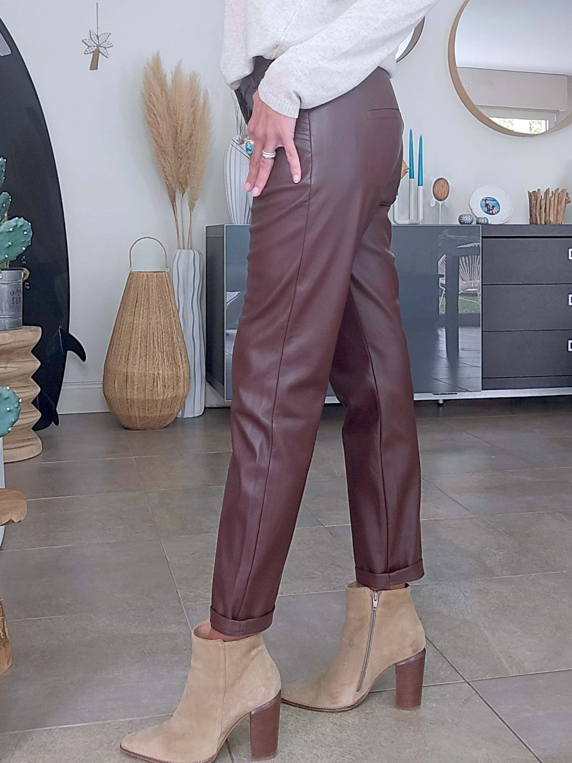 Pantalon simili marron/bordeaux