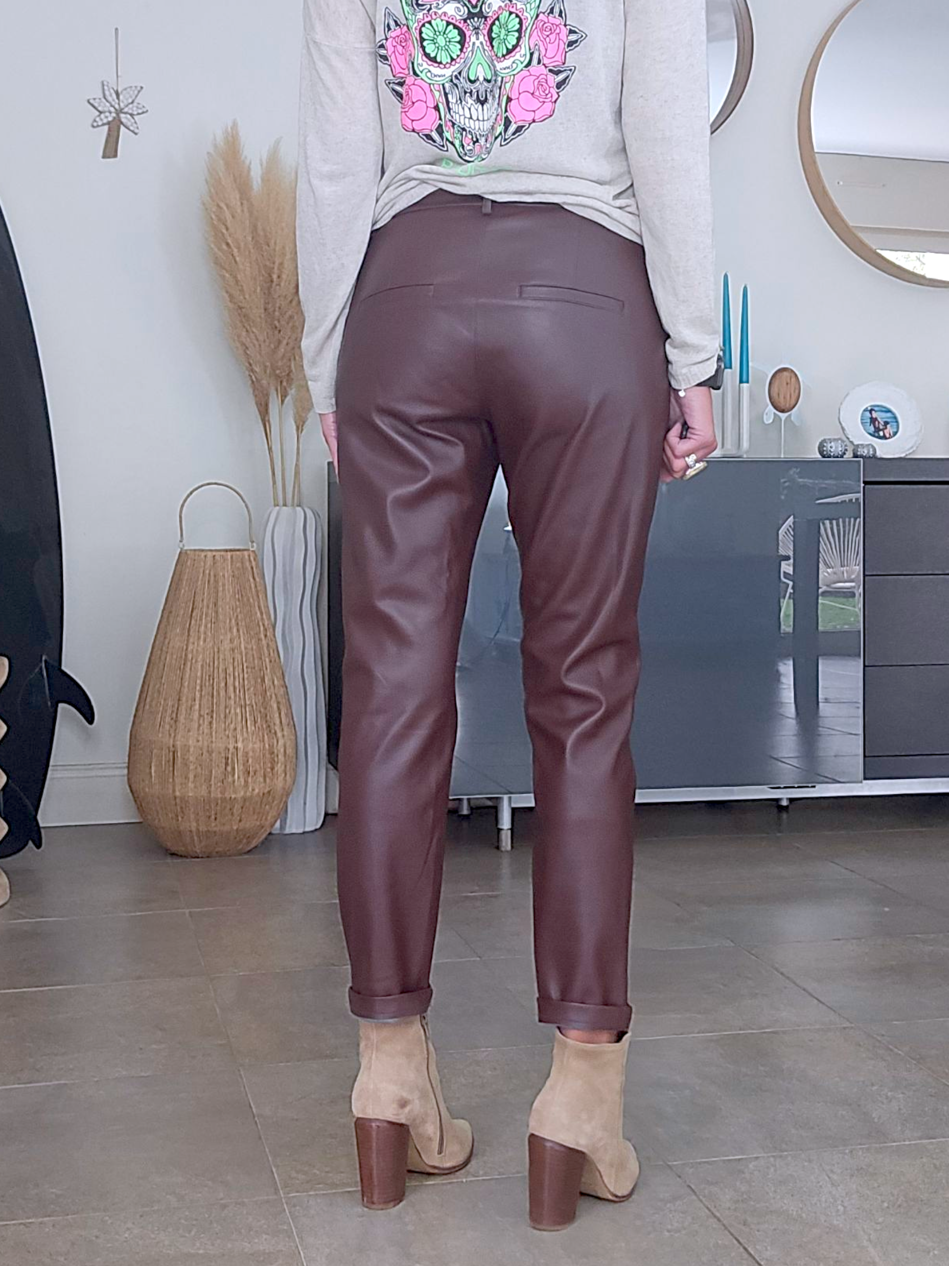 Pantalon simili marron/bordeaux