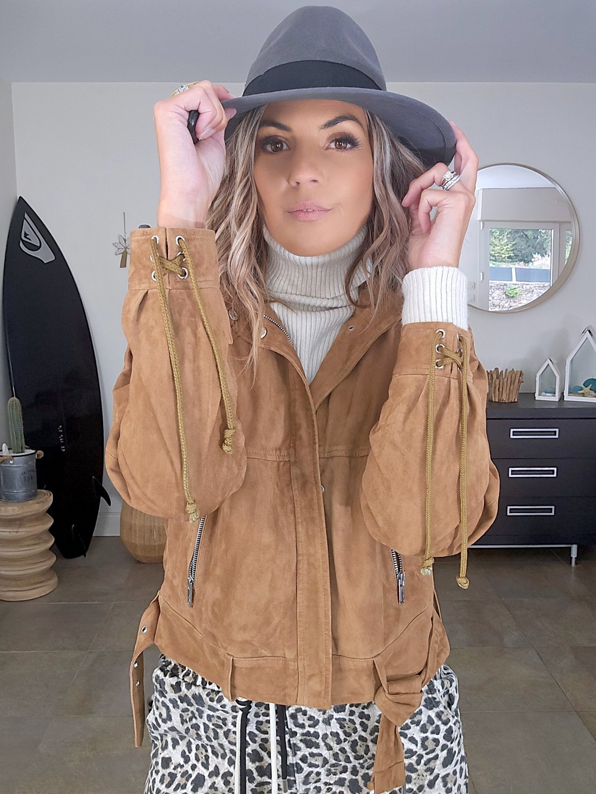 Blouson 100% cuir daim tabac