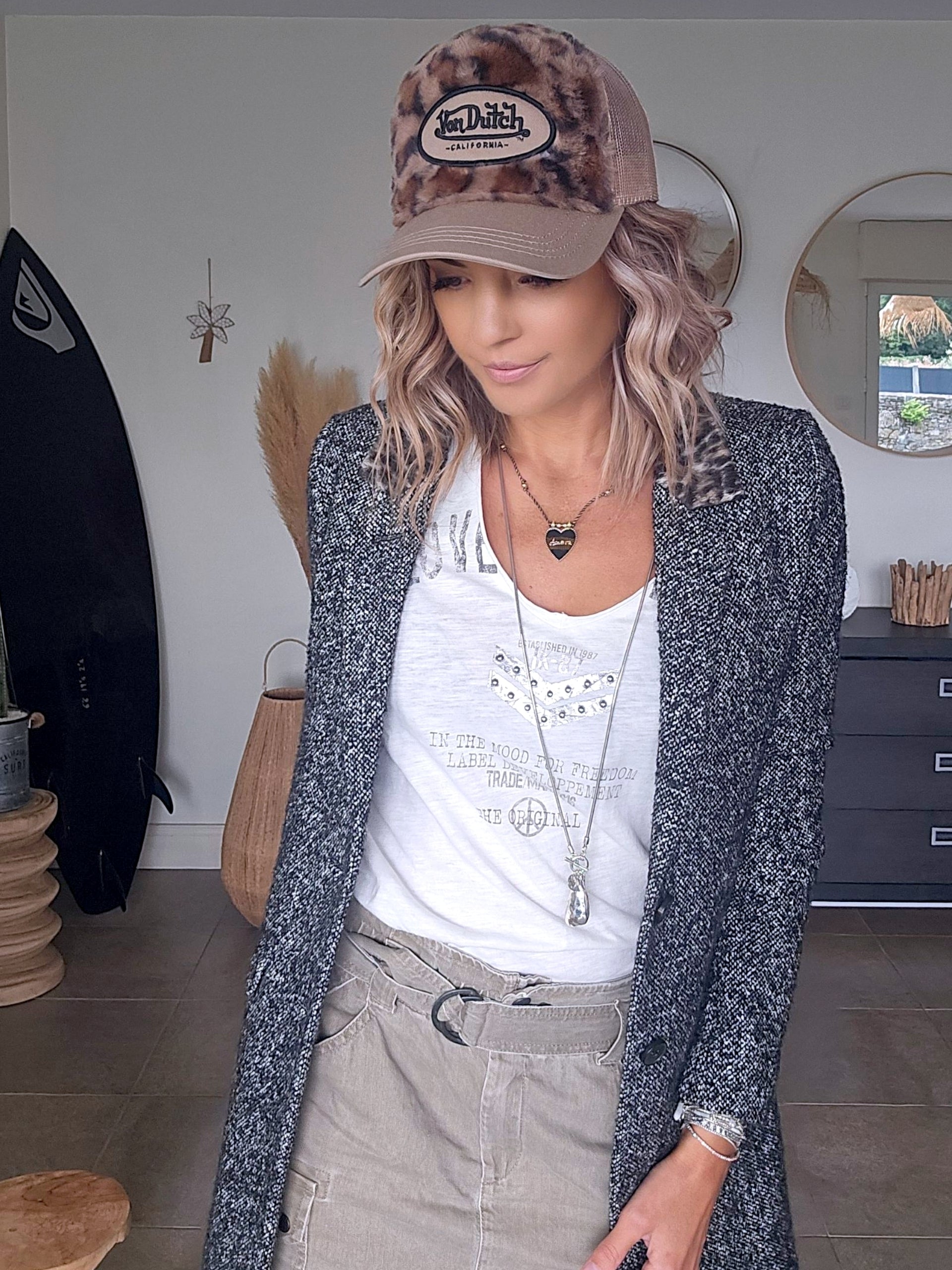 Manteau tweed col léopard