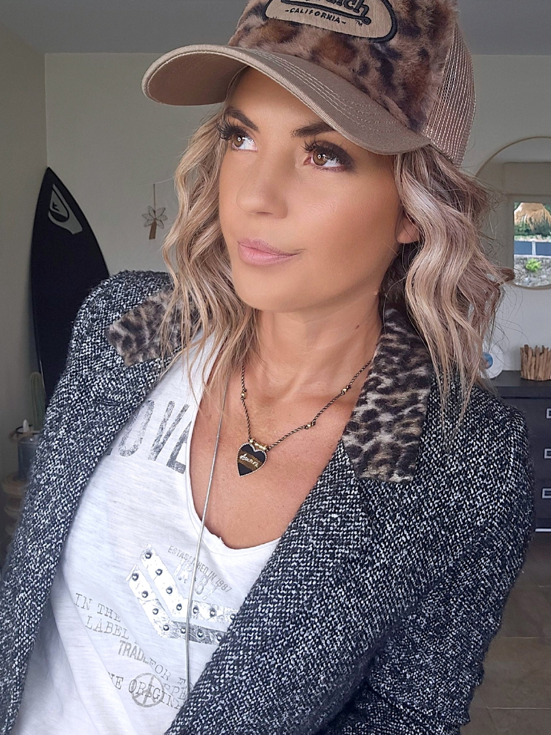 Manteau tweed col léopard