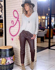 Pantalon simili marron/bordeaux