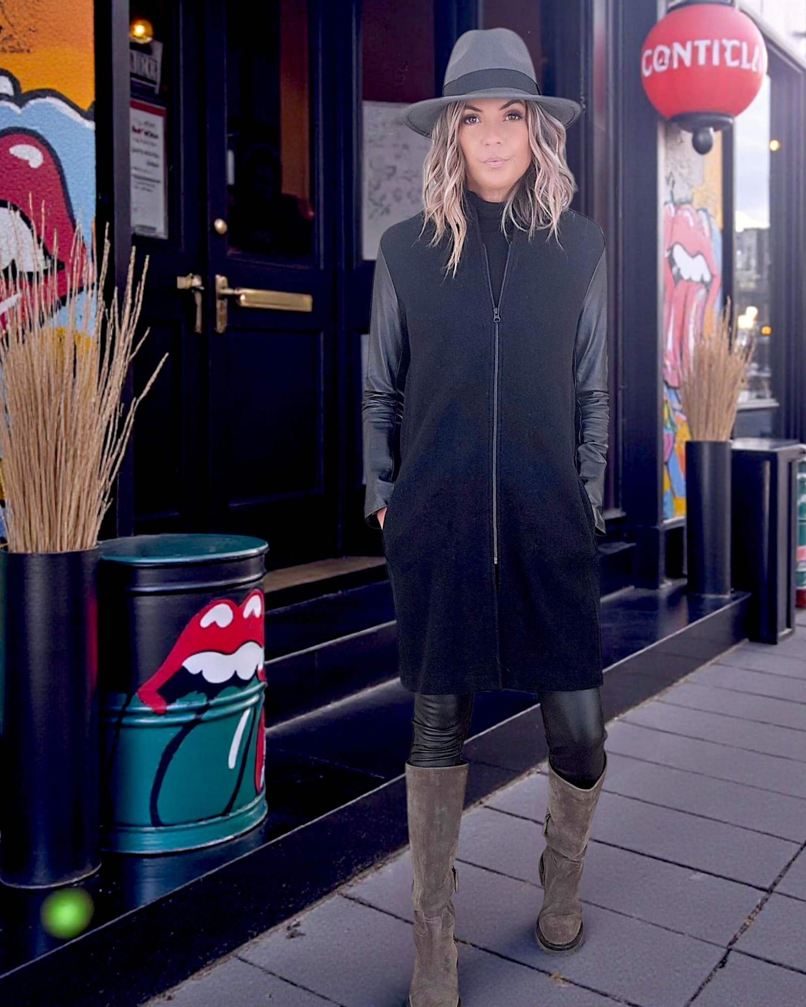 Manteau bouclette &amp; cuir noir