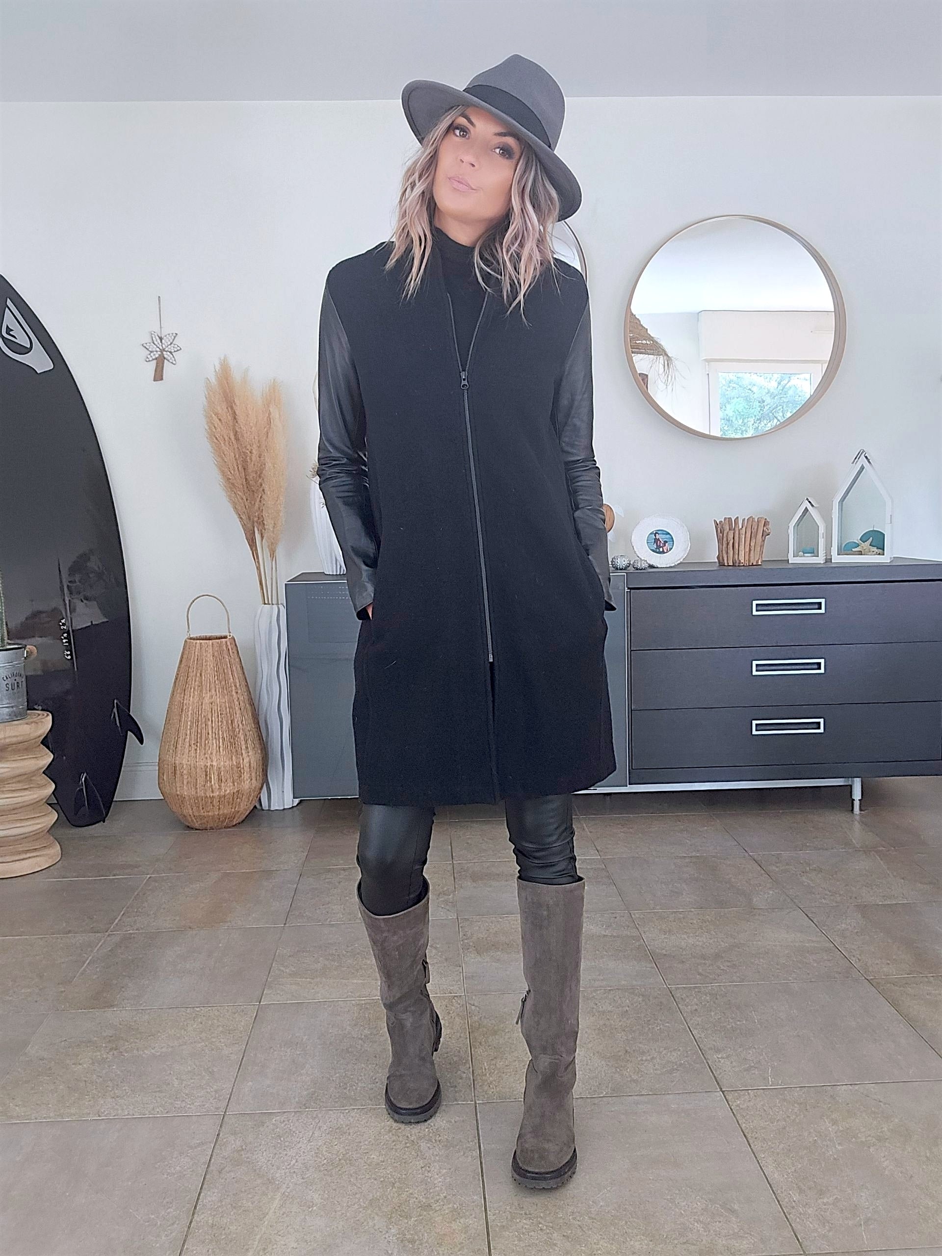 Manteau bouclette &amp; cuir noir