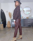 Pantalon simili marron/bordeaux