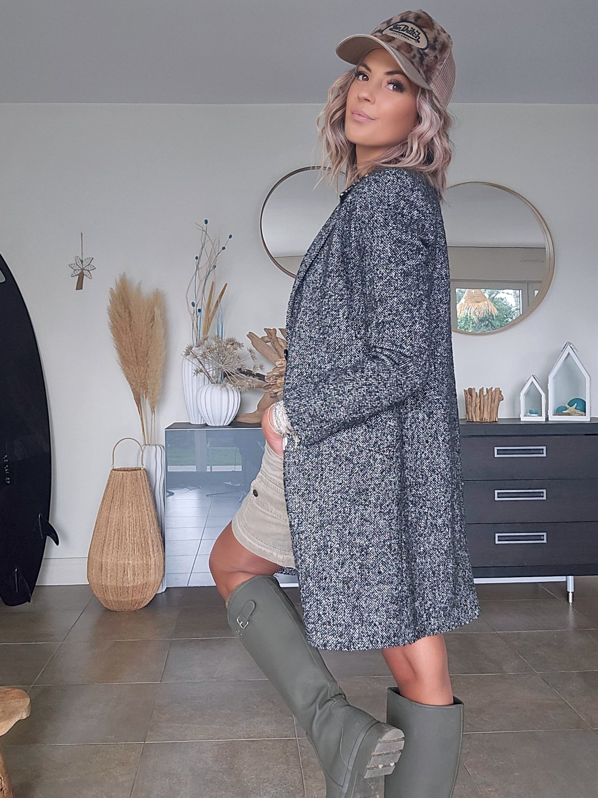 Manteau tweed col léopard