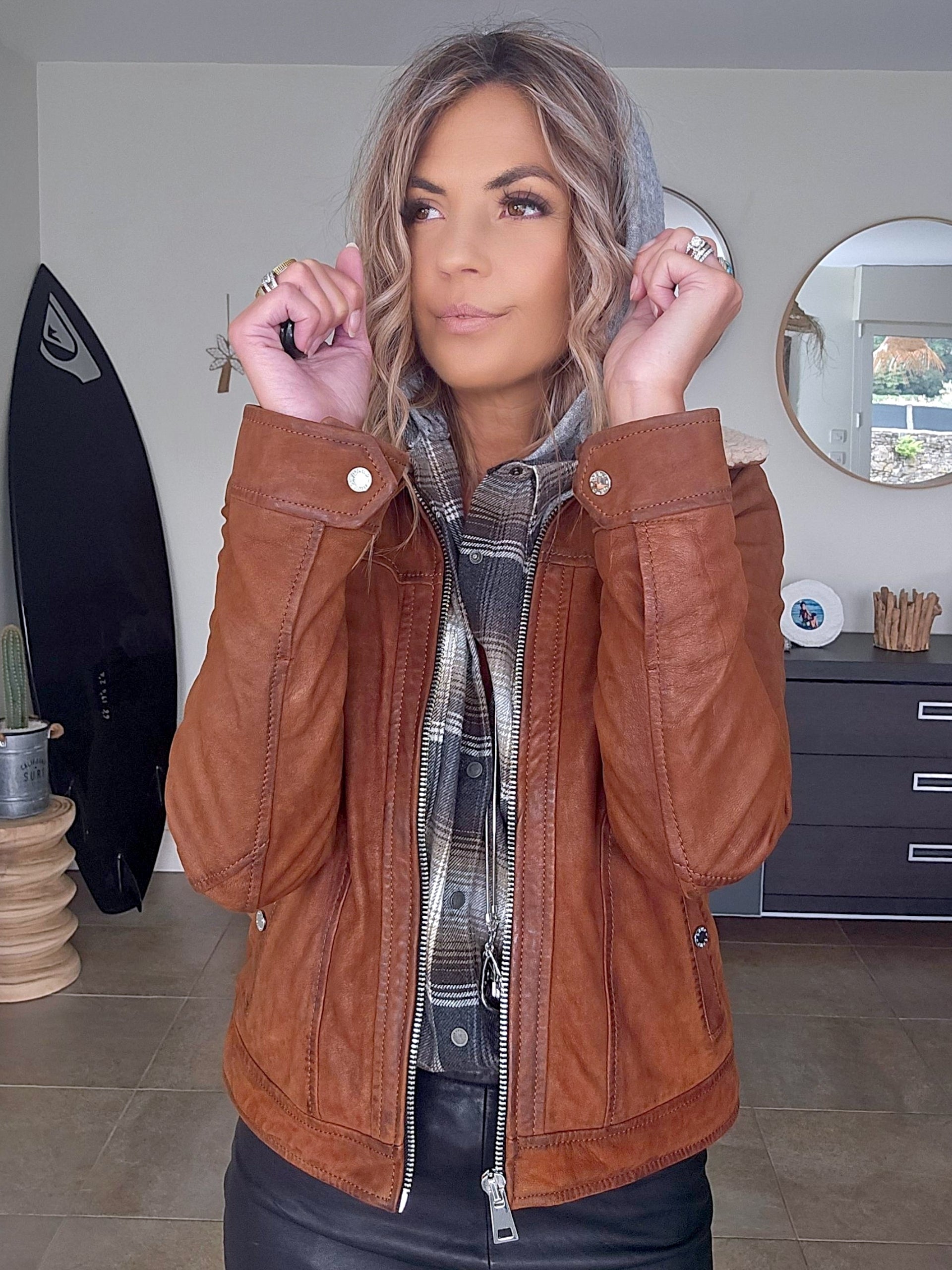 Bombers camel en cuir