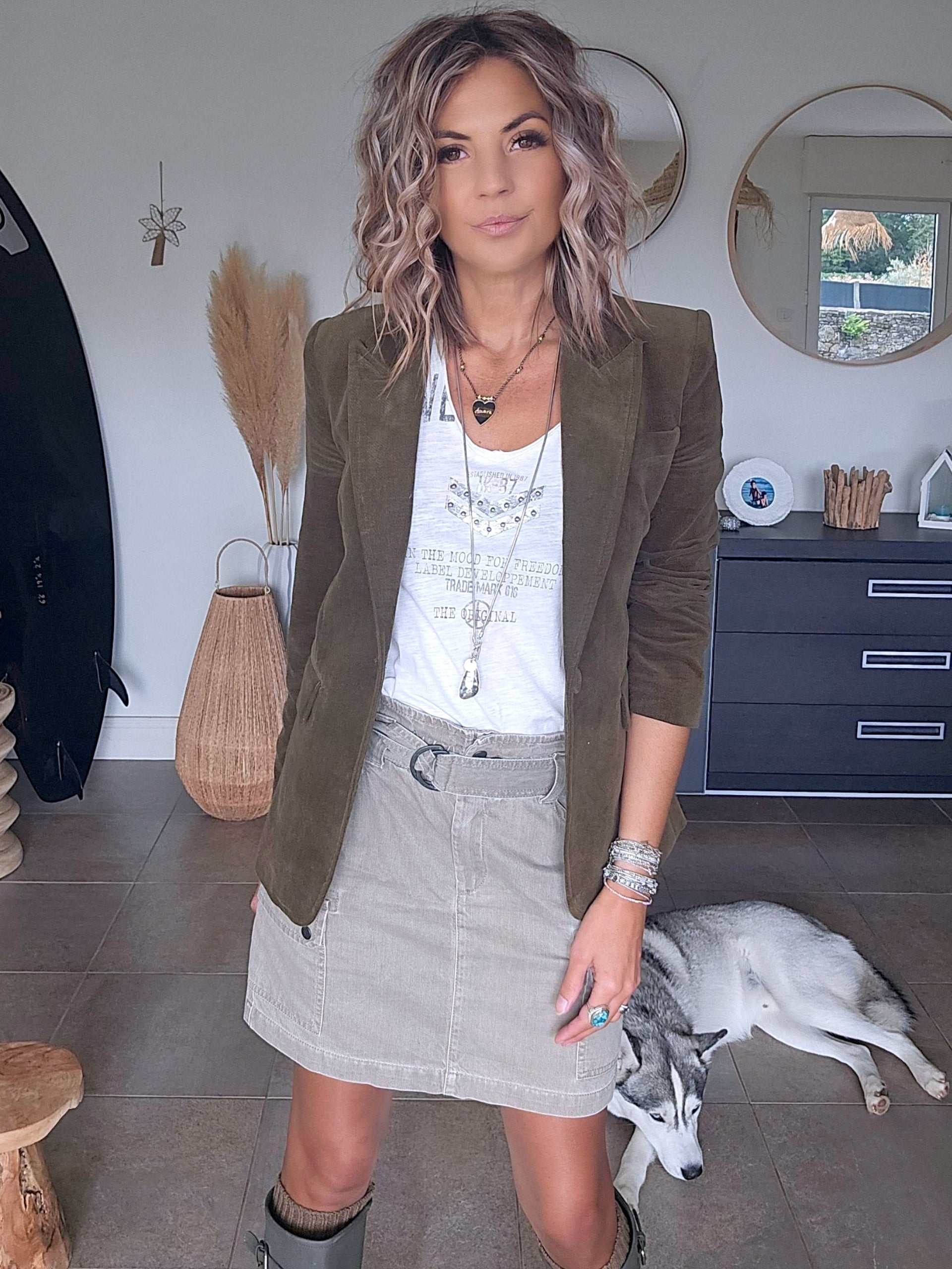 Veste velours ras kaki