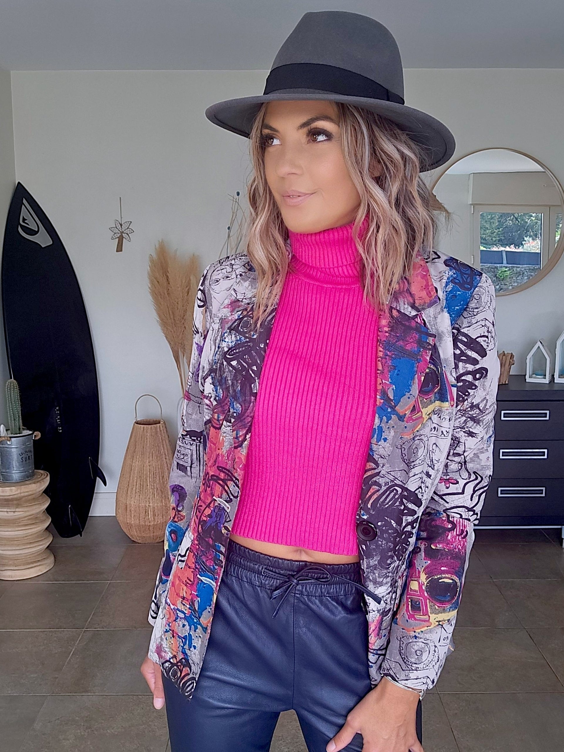 Pull col roulé cachemire fuchsia