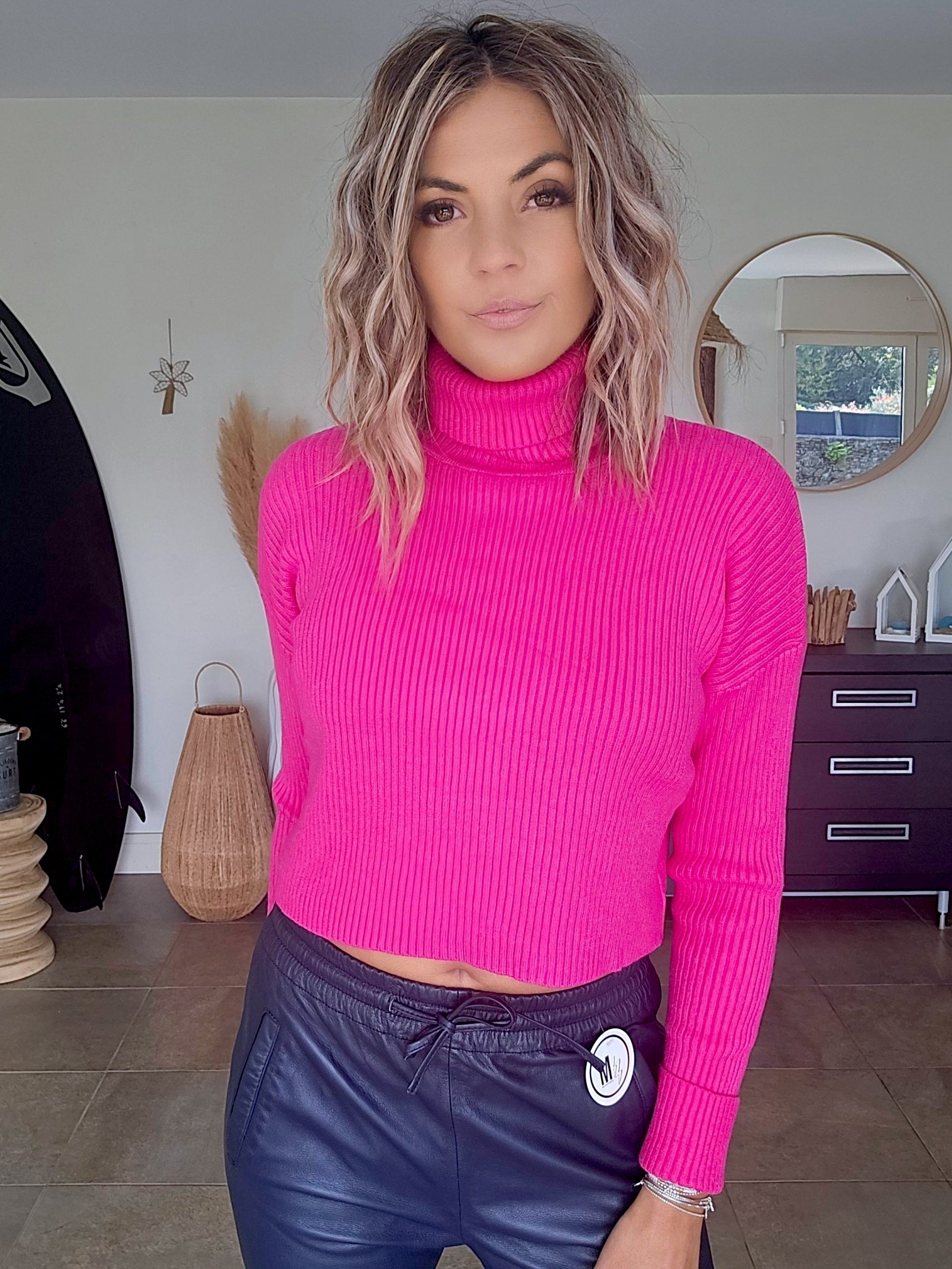 Pull col roulé cachemire fuchsia