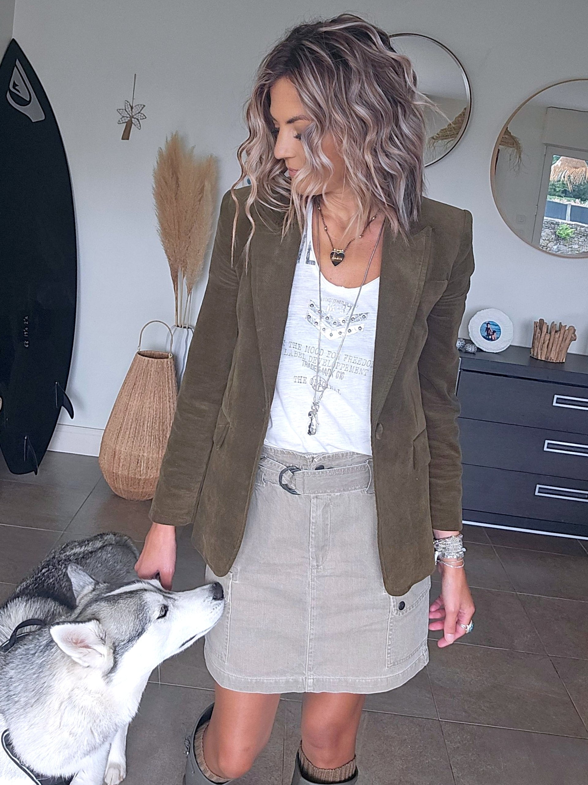 Veste velours ras kaki