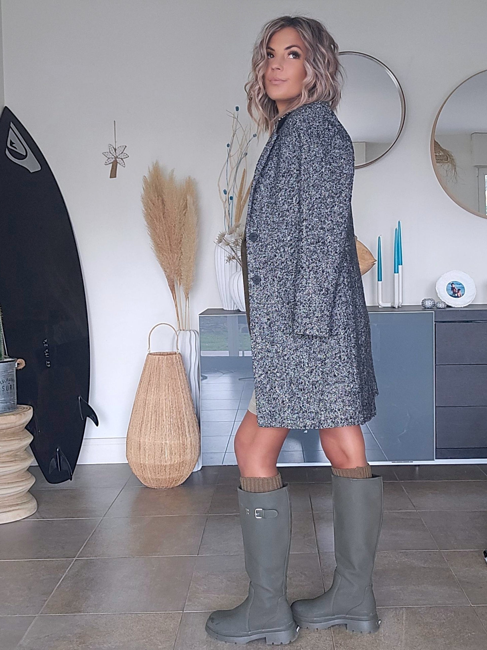 Manteau tweed col léopard