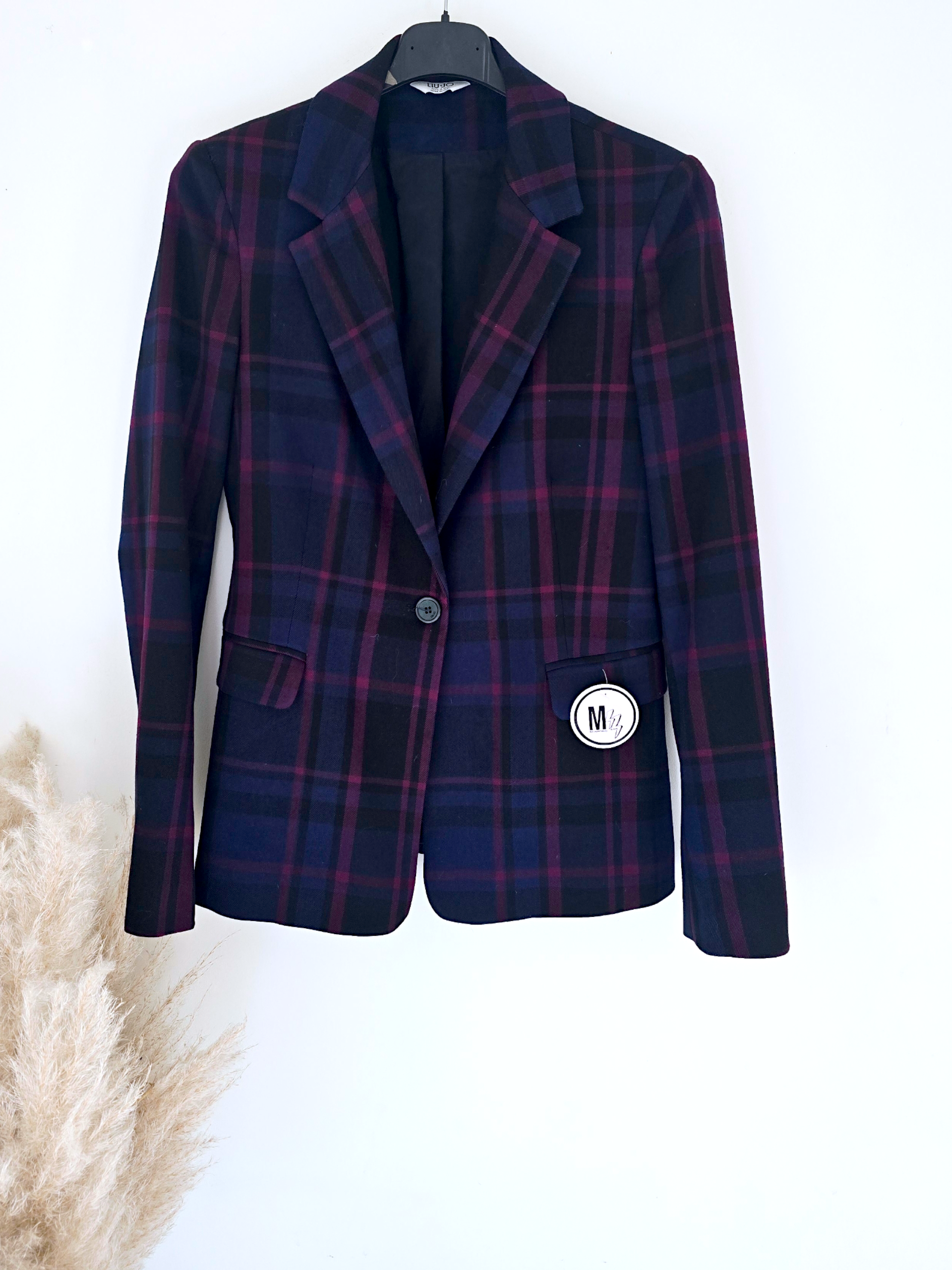 Veste cintrée bleu marine à imprimé à carreaux violet