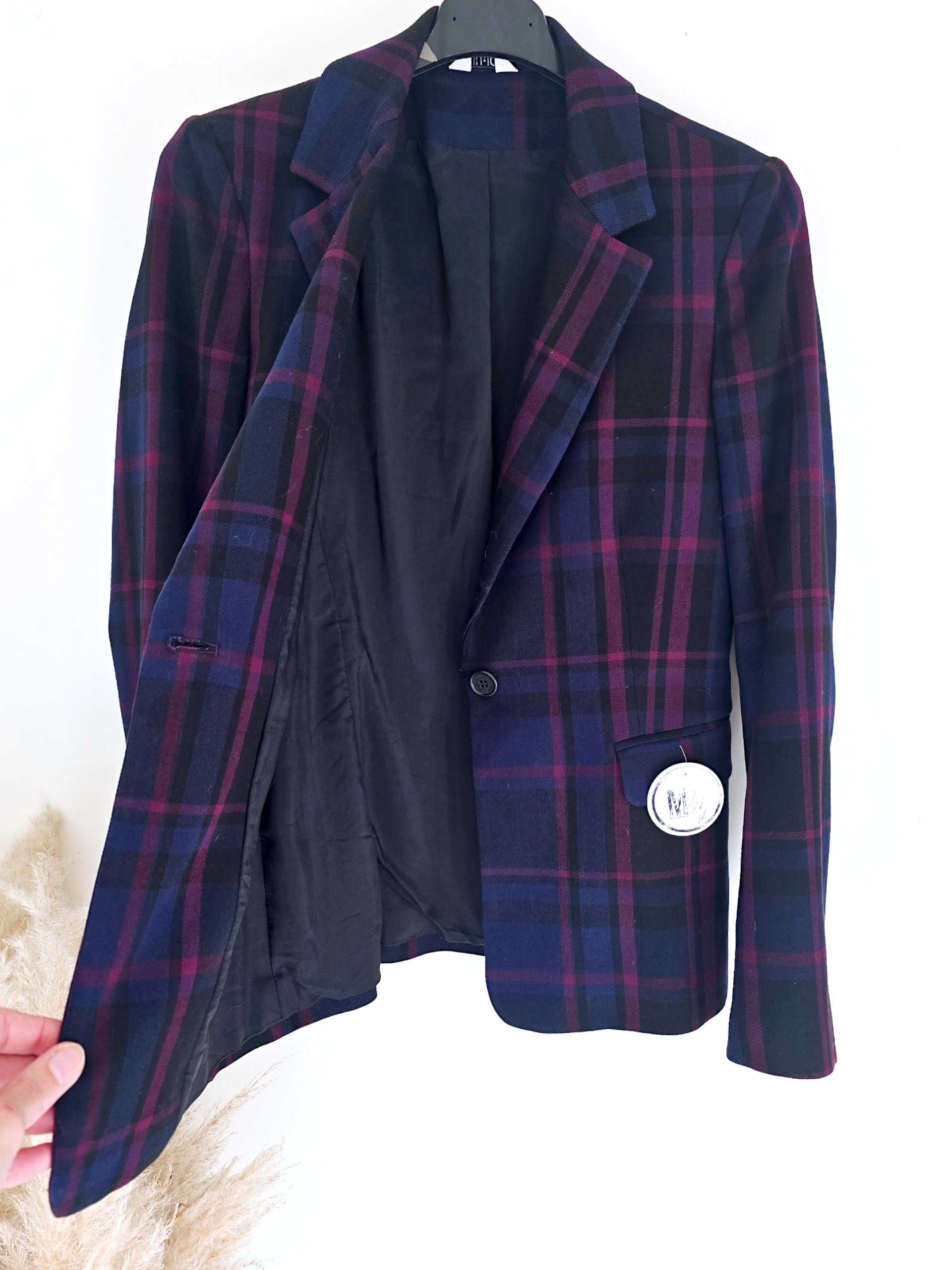 Veste cintrée bleu marine à imprimé à carreaux violet