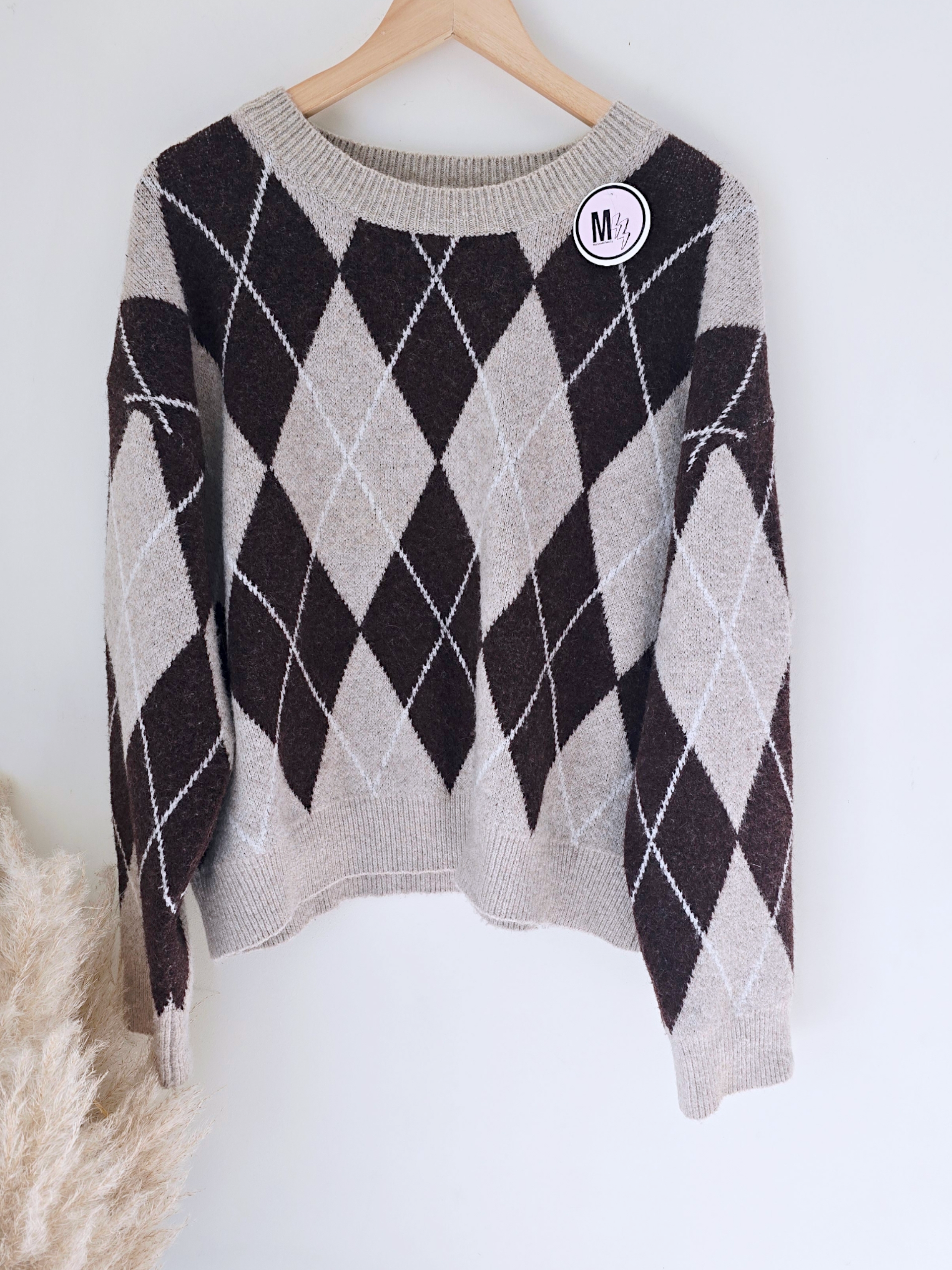 Pull beige vintage à damiers marron