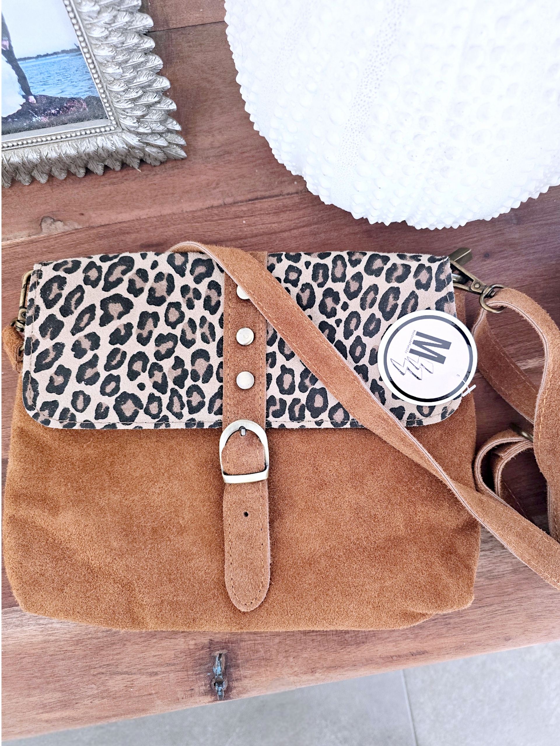 Sac camel avec imprimé léopard 100% cuir de chèvre