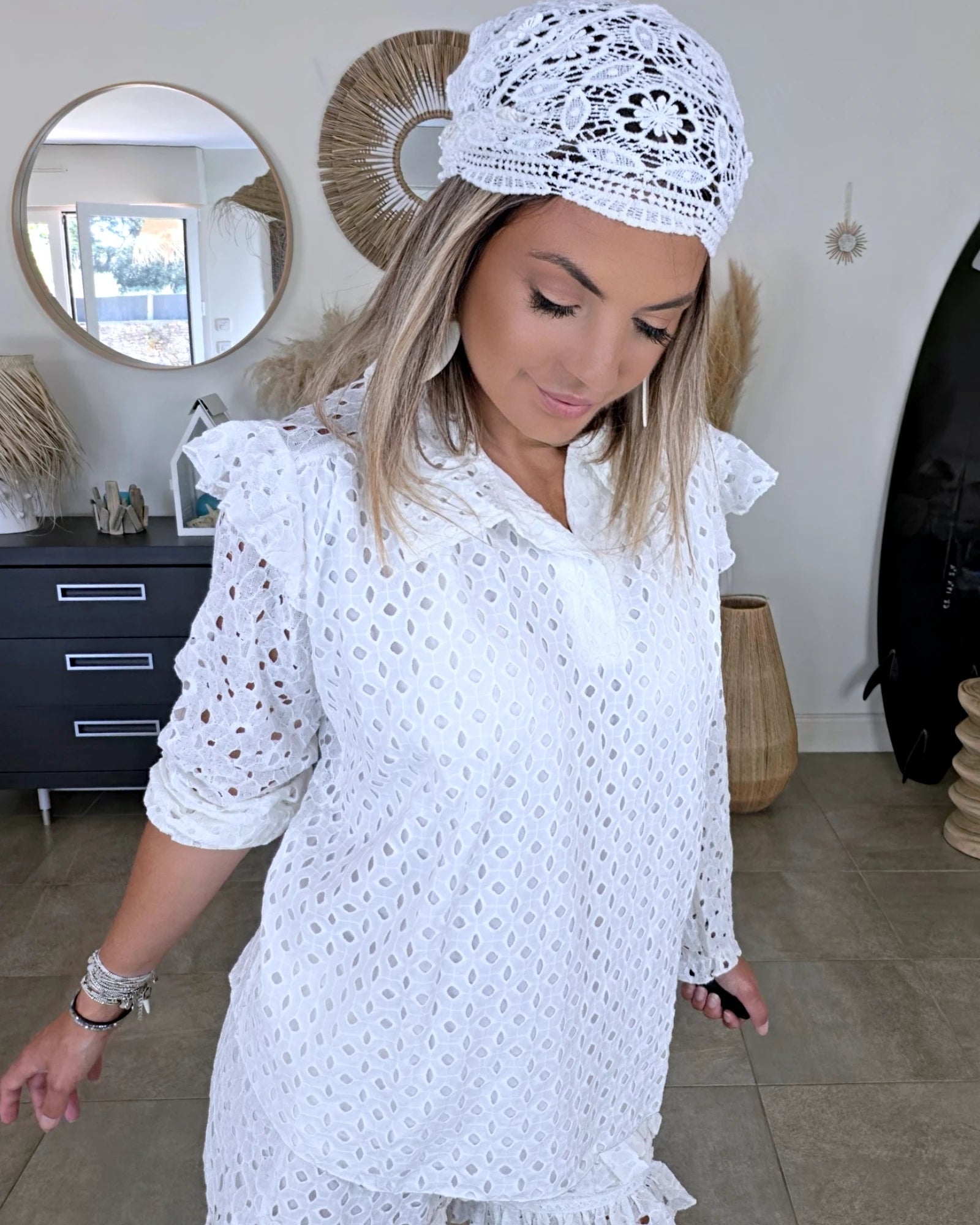 Ensemble blanc chemise + short à broderie anglaise