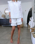 Ensemble blanc chemise + short à broderie anglaise