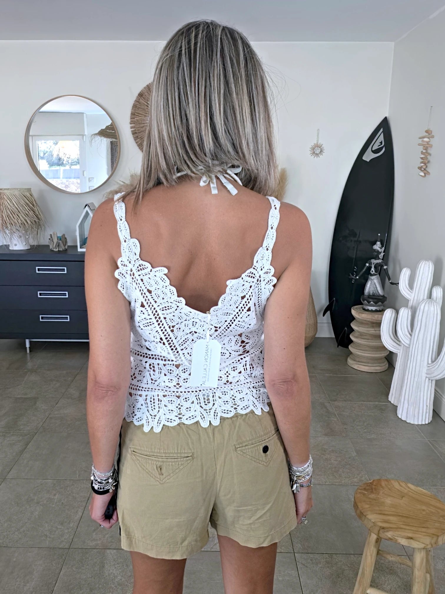 Top blanc en maille crochet
